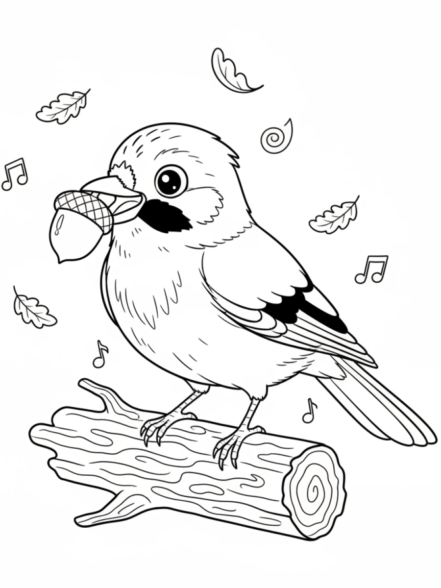 coloriage oiseau — Geai tenant un gland dans son bec, posé sur une bûche avec des nervures du bois.