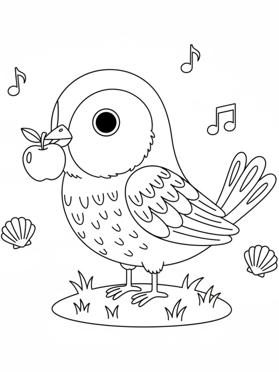 coloriage oiseau — Merle noir avec une petite pomme dans le bec, posé sur une touffe d'herbe.