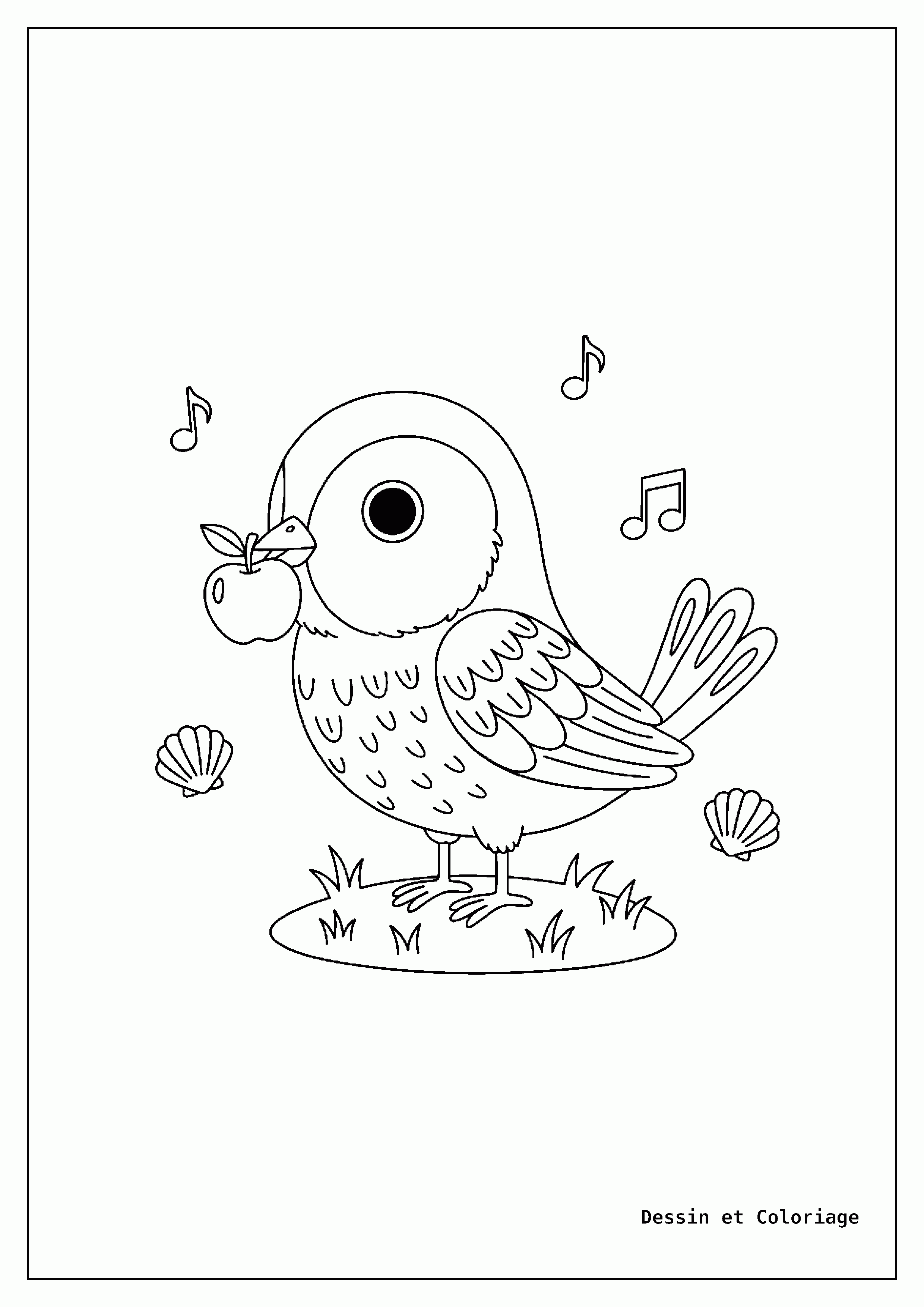 coloriage oiseau — Merle noir avec une petite pomme dans le bec, posé sur une touffe d'herbe.