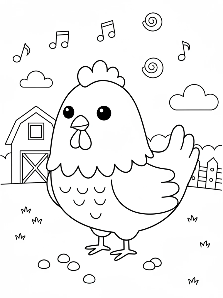 coloriage oiseau — Jeune poulet debout dans une cour de ferme, picorant quelques grains éparpillés sur le sol.