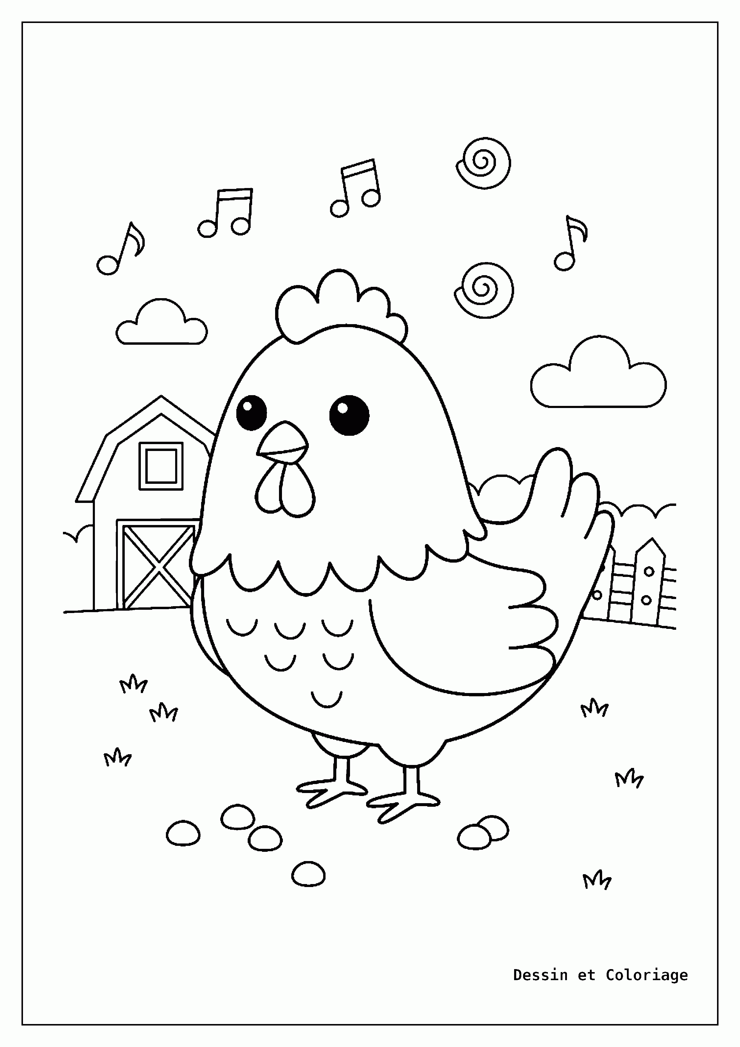 coloriage oiseau — Jeune poulet debout dans une cour de ferme, picorant quelques grains éparpillés sur le sol.