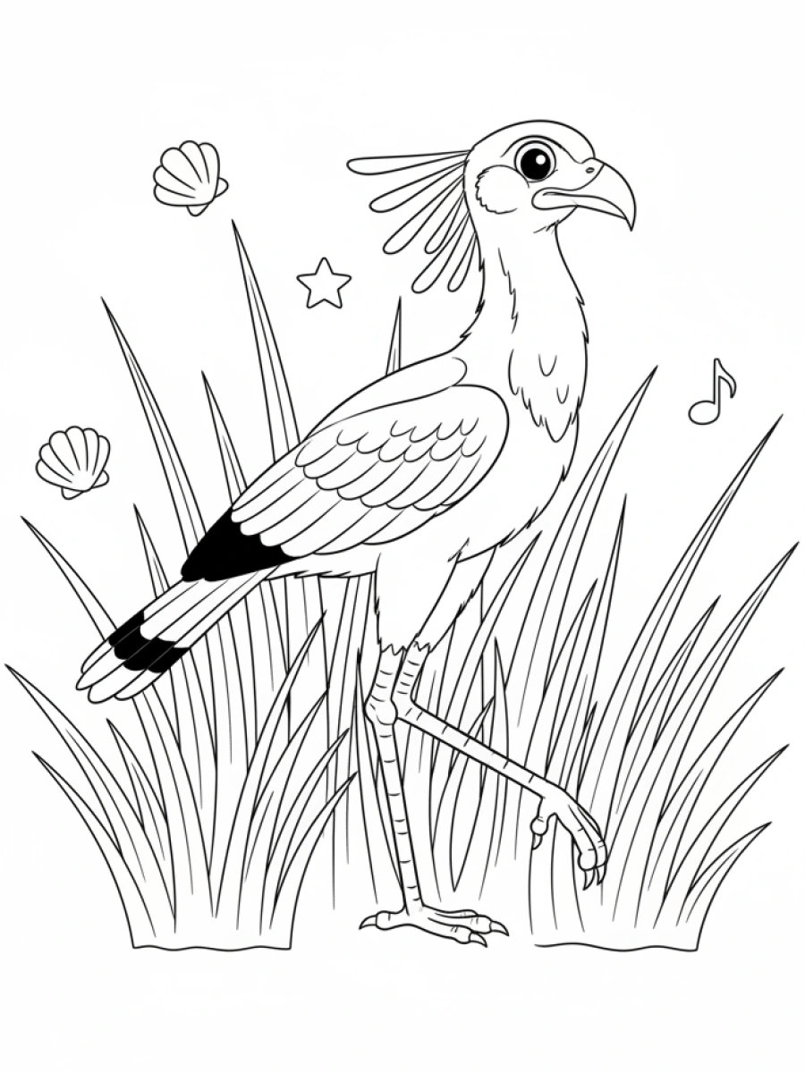 coloriage oiseau — Un oiseau secrétaire marche dans de hautes herbes de savane, à la recherche de proies.