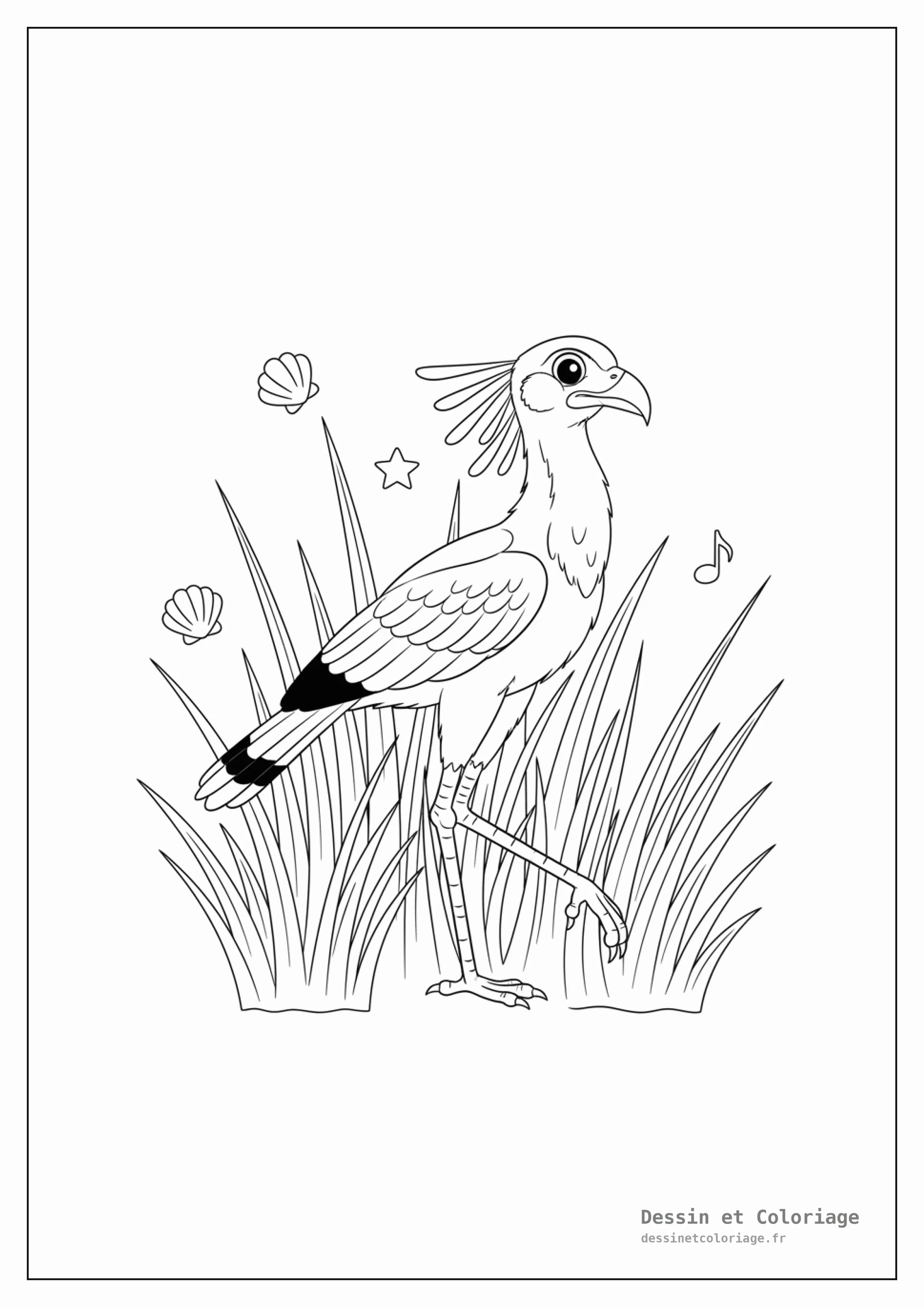 coloriage oiseau — Un oiseau secrétaire marche dans de hautes herbes de savane, à la recherche de proies.