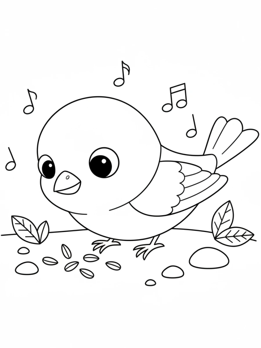 coloriage oiseau — Verdurier penché picorant des petites graines éparpillées sur un sol rocailleux.