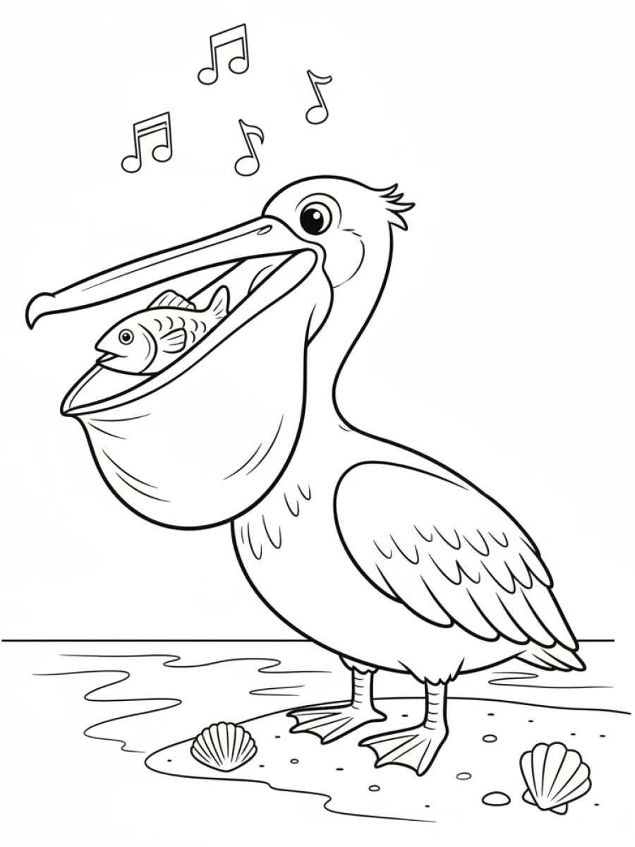 coloriage oiseau — Un pélican avec un poisson dans sa grande poche, debout au bord de l'eau.