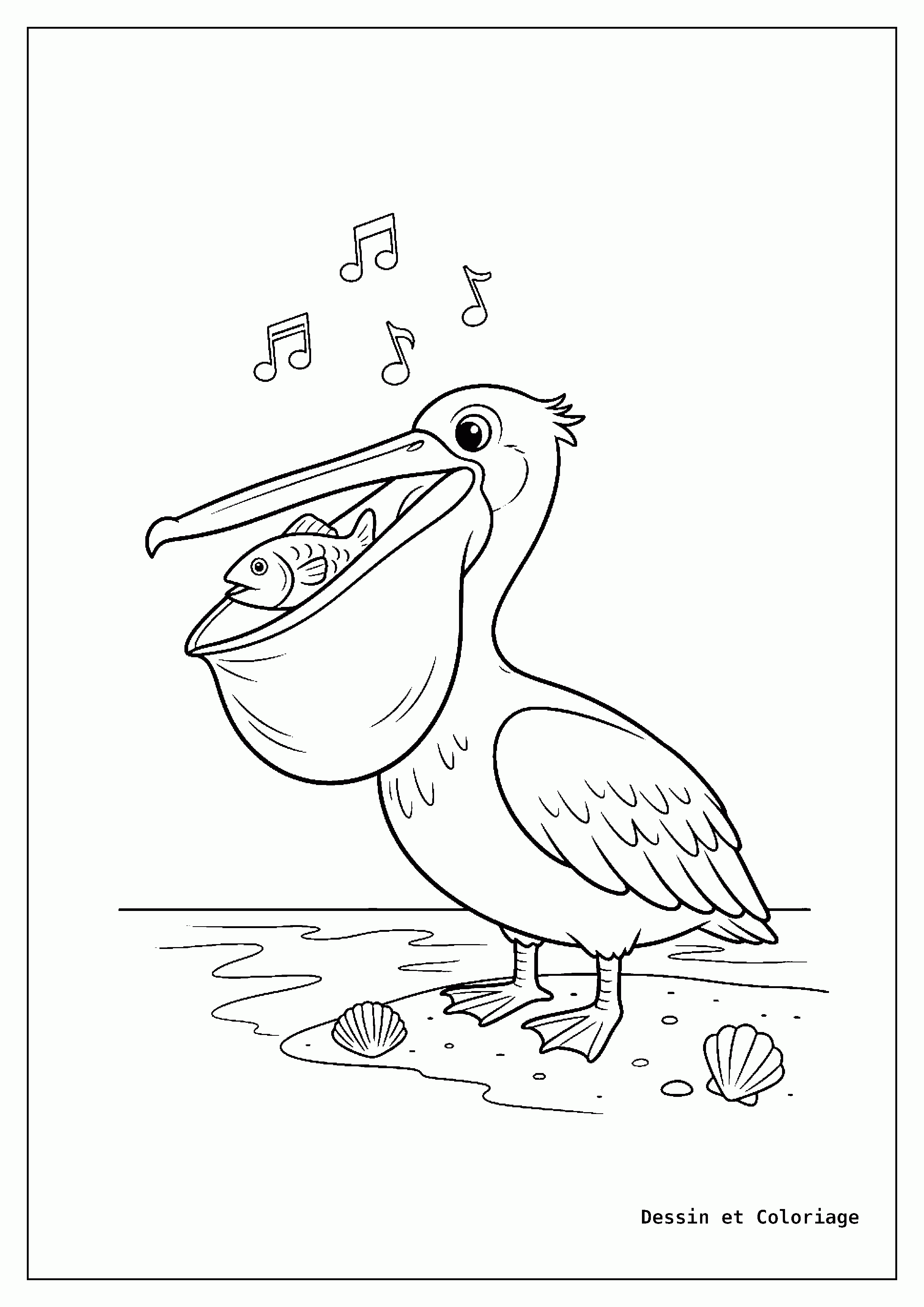 coloriage oiseau — Un pélican avec un poisson dans sa grande poche, debout au bord de l'eau.