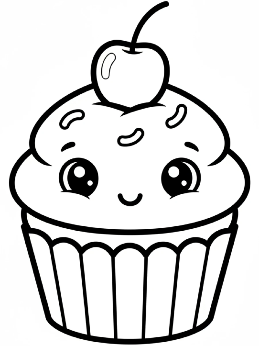 coloriage kawaii facile — Un petit gâteau avec une cerise sur le dessus, un doux sourire et des yeux innocents.