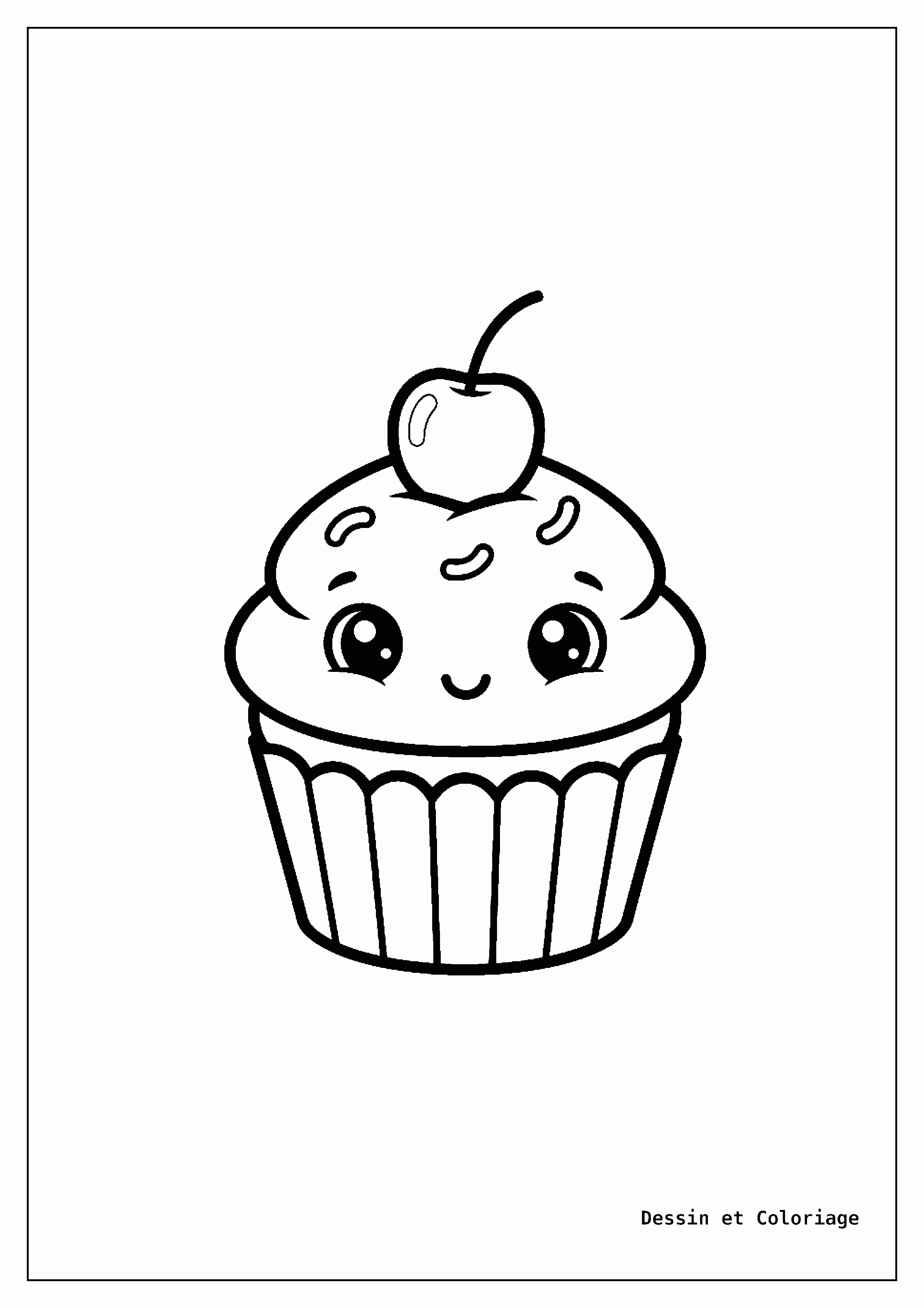 coloriage kawaii facile — Un petit gâteau avec une cerise sur le dessus, un doux sourire et des yeux innocents.