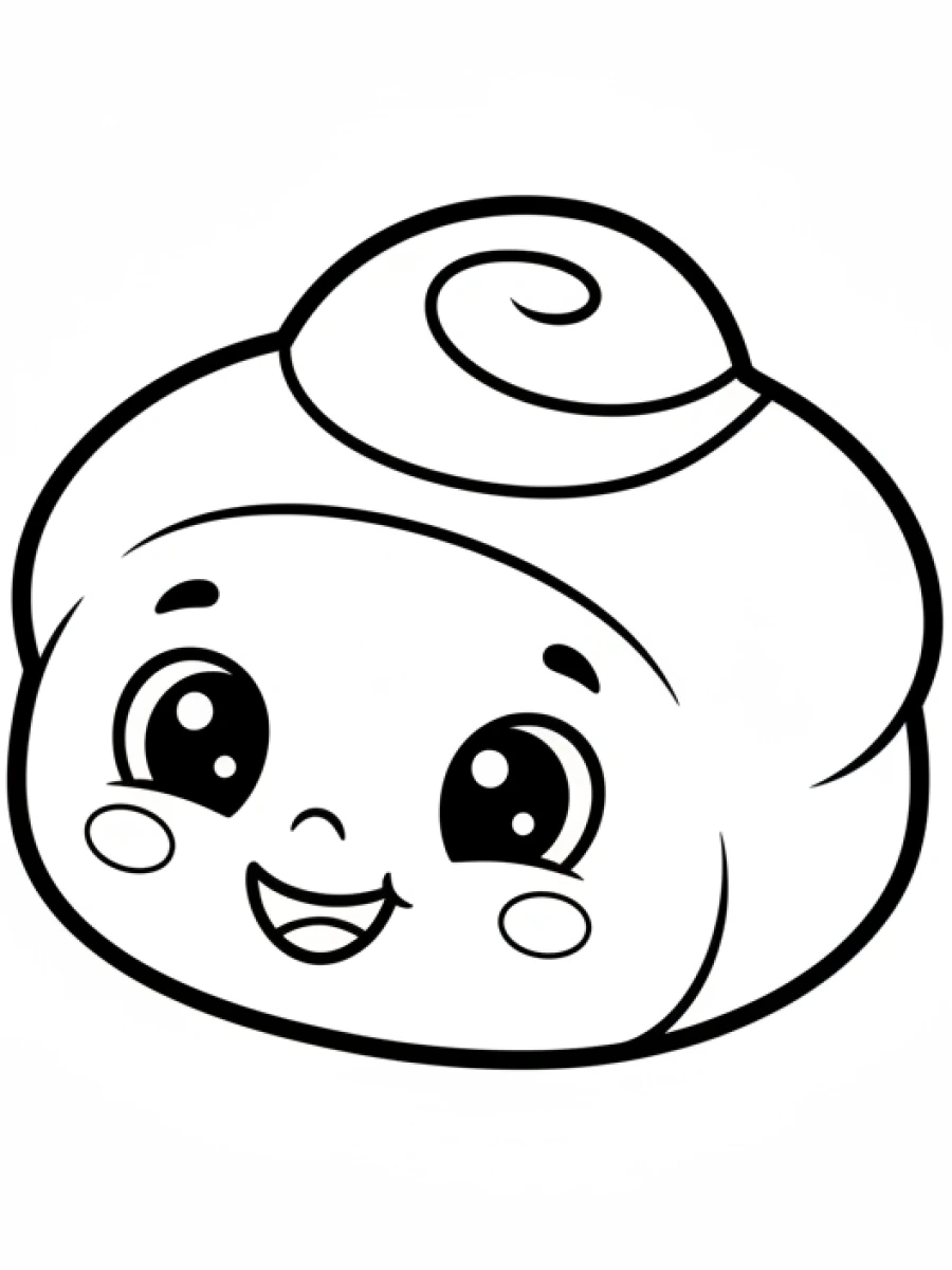 coloriage kawaii facile — Un petit pain brioché souriant avec un visage joyeux et de grands yeux doux.