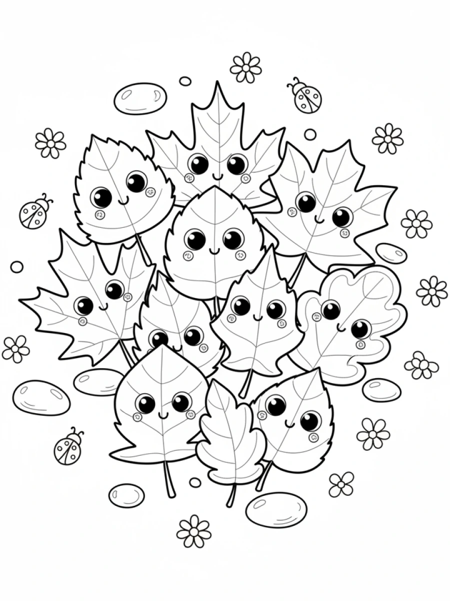 Coloriage pile de feuilles d'automne souriantes