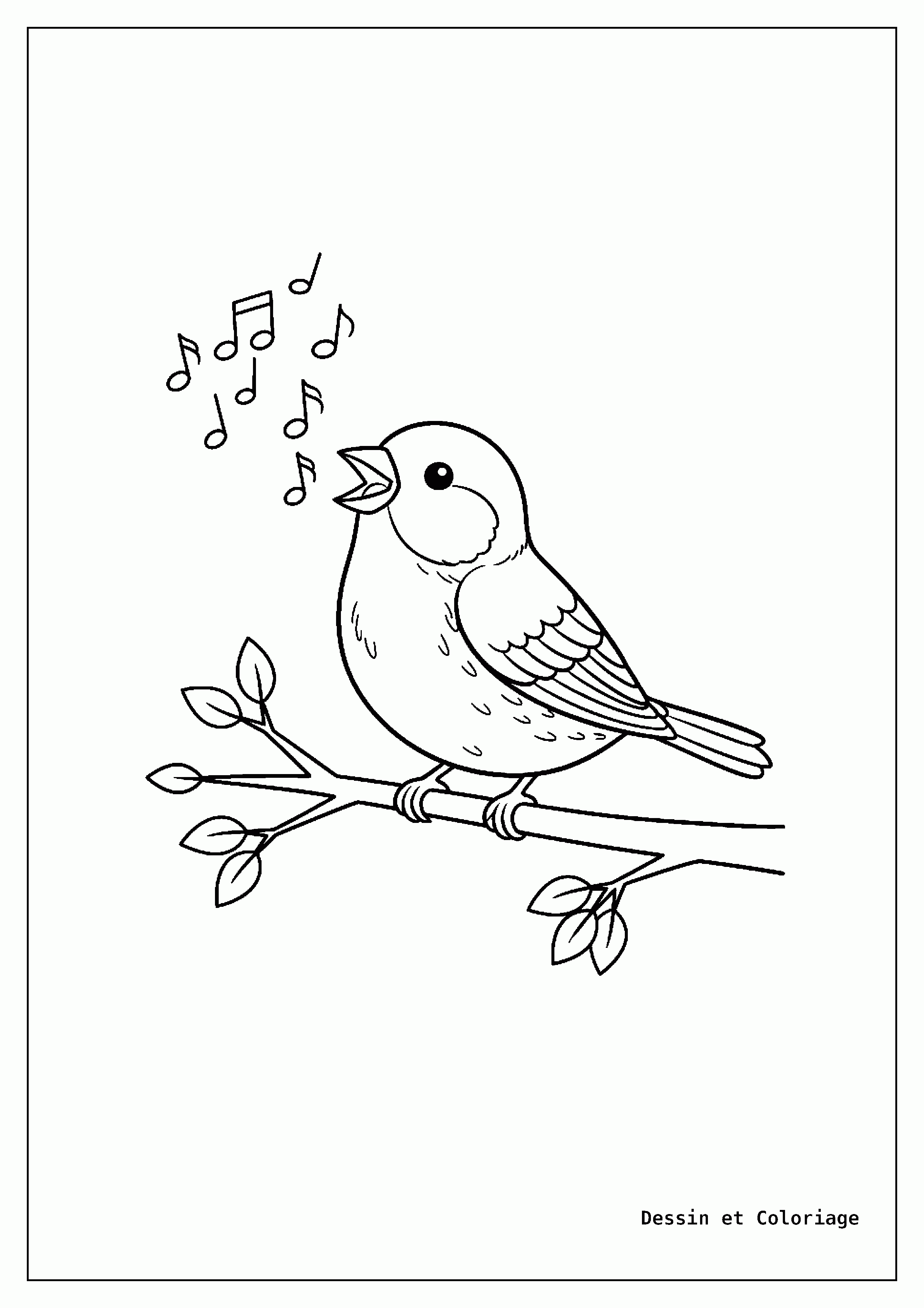 coloriage oiseau — Pinson perché sur une branche, la tête levée comme s'il chantait, avec des feuilles autour.
