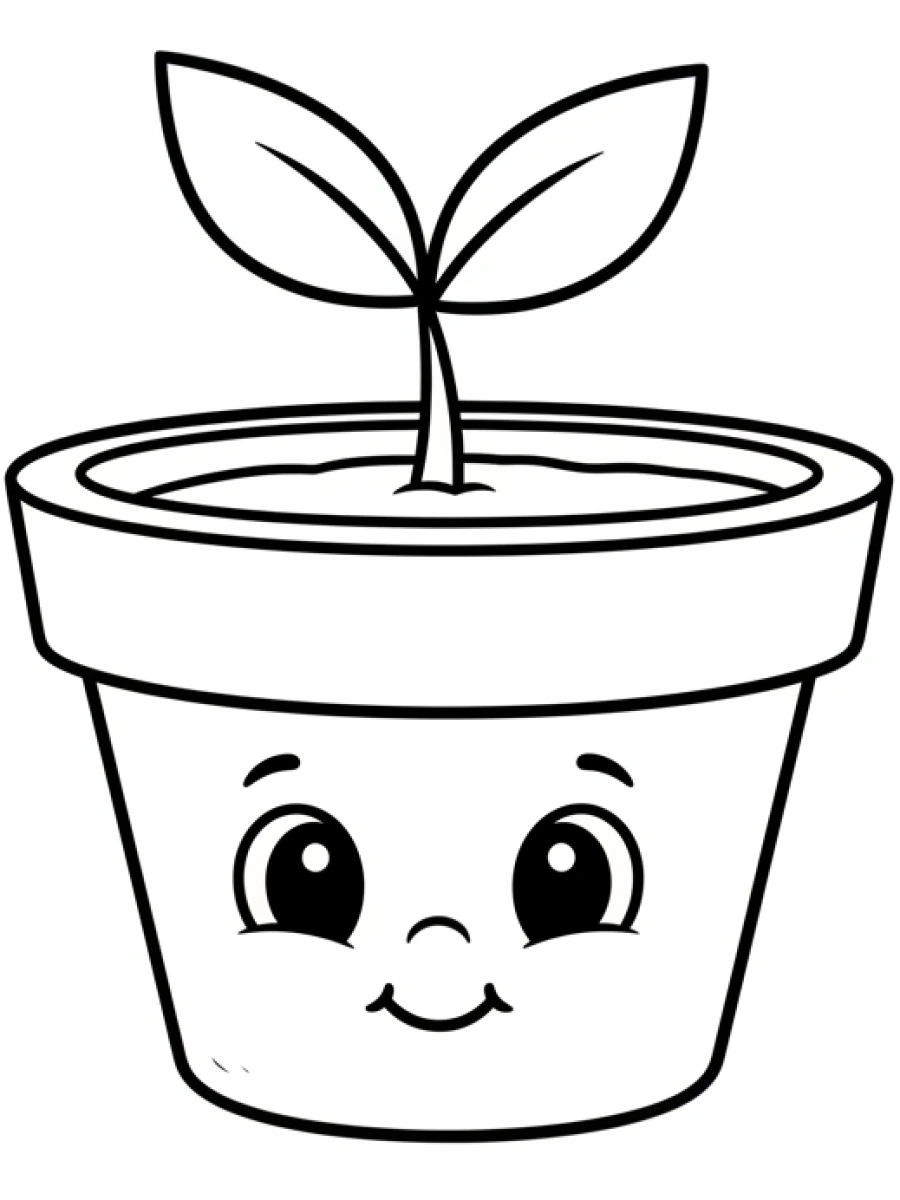 coloriage kawaii facile — Un petit pot de fleurs avec un visage mignon et une minuscule pousse verte, de grands yeux innocents.