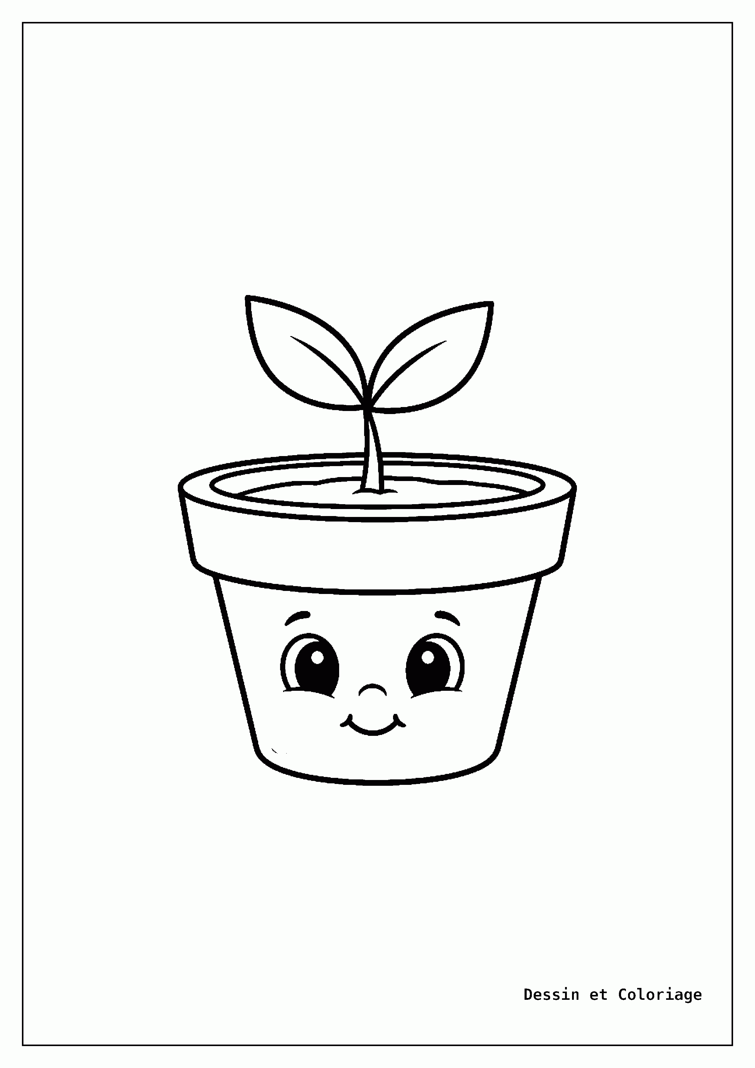 coloriage kawaii facile — Un petit pot de fleurs avec un visage mignon et une minuscule pousse verte, de grands yeux innocents.