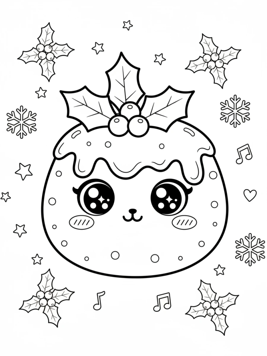 Coloriage pudding Noël kawaii et houx