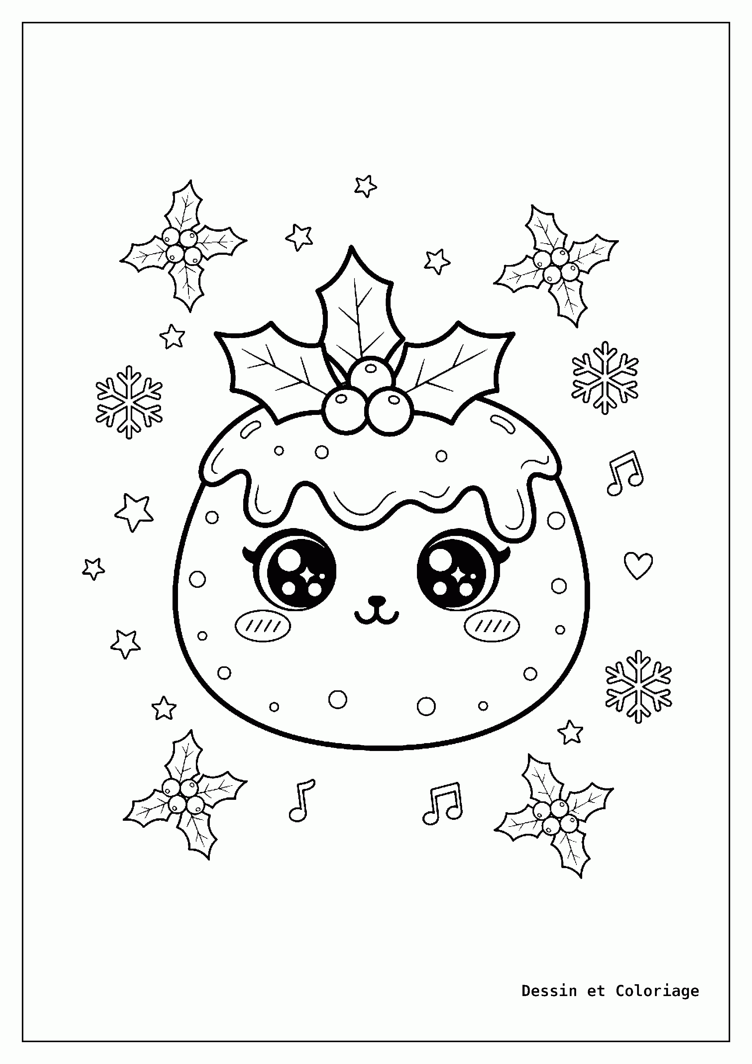 coloriage kawaii noël — Un pudding de Noël kawaii garni de feuilles de houx et de baies, nappé d'une sauce.
