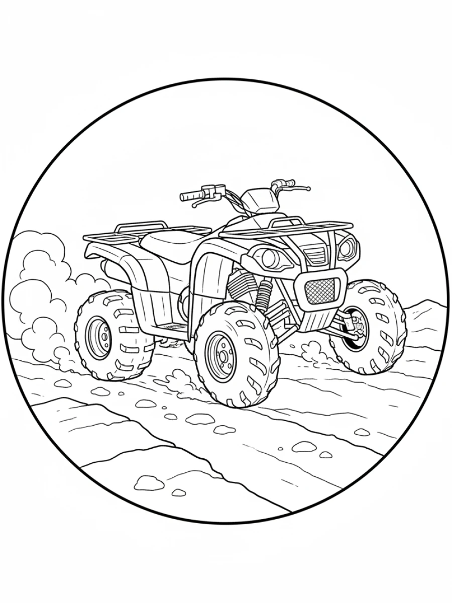 coloriage moto — Un quad robuste roule sur un sentier cahoteux et rocailleux.