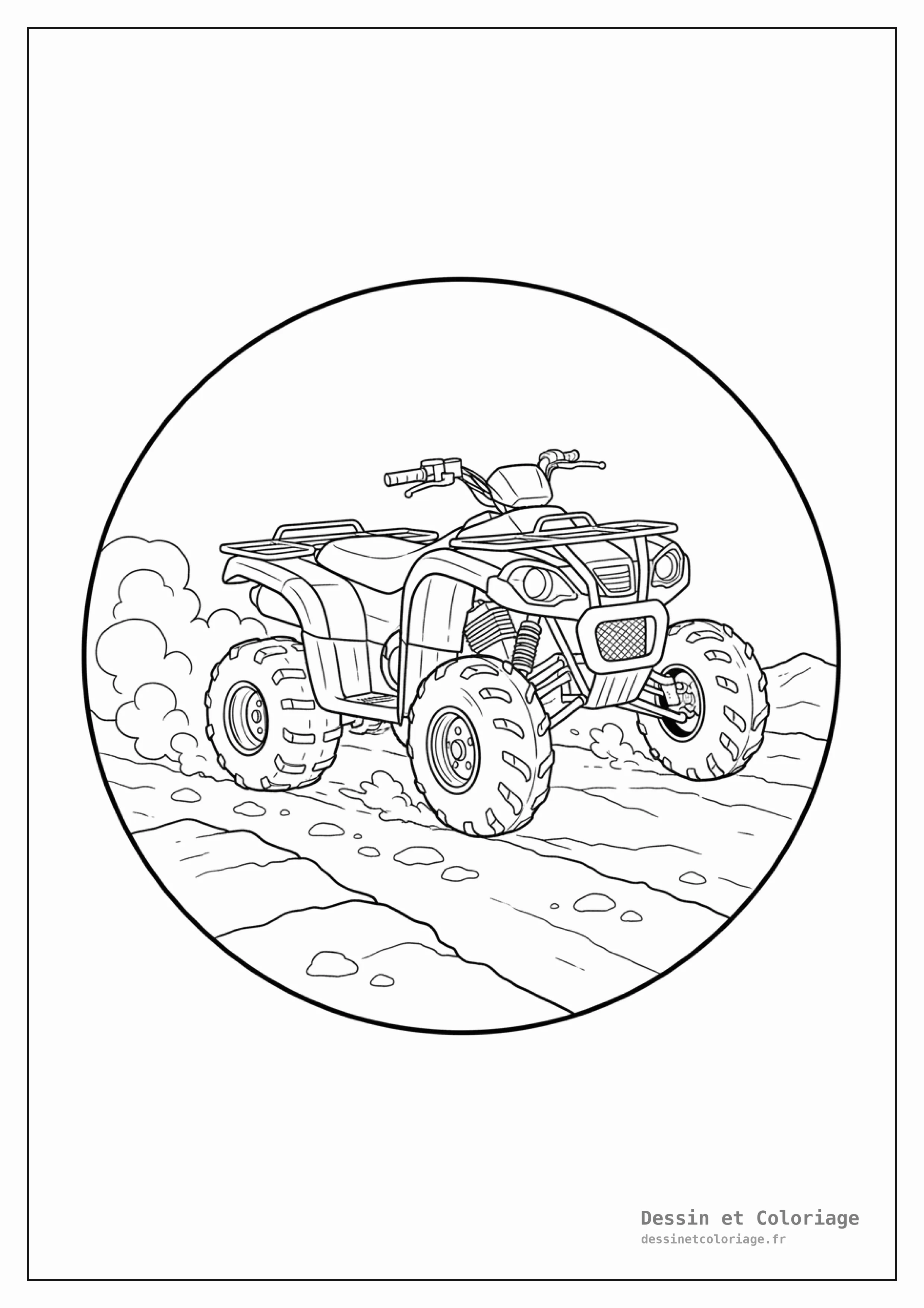coloriage moto — Un quad robuste roule sur un sentier cahoteux et rocailleux.