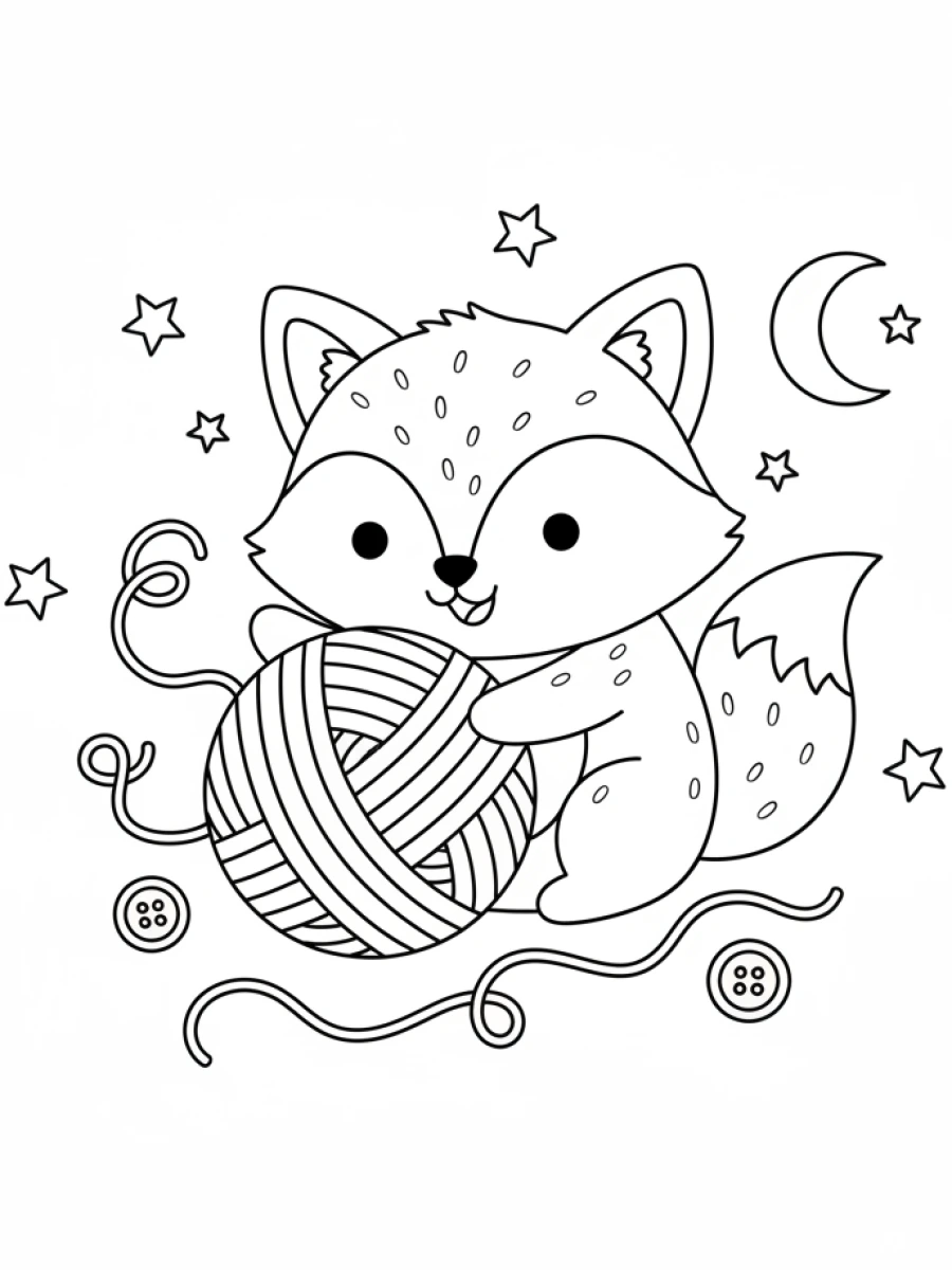 coloriage renard — Un jeune renard espiègle joue avec une grande pelote de laine, entouré de fils et de boutons.