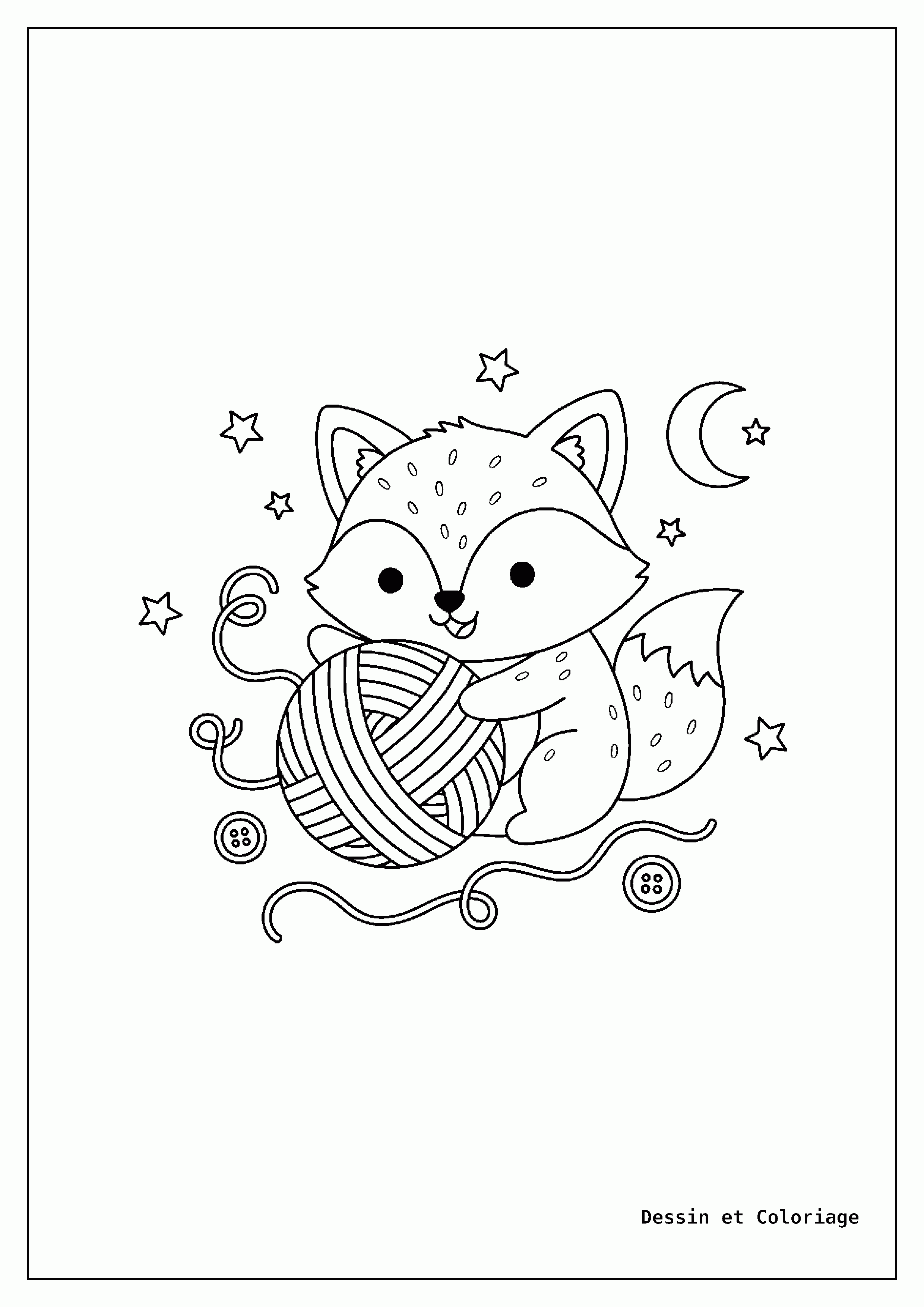coloriage renard — Un jeune renard espiègle joue avec une grande pelote de laine, entouré de fils et de boutons.