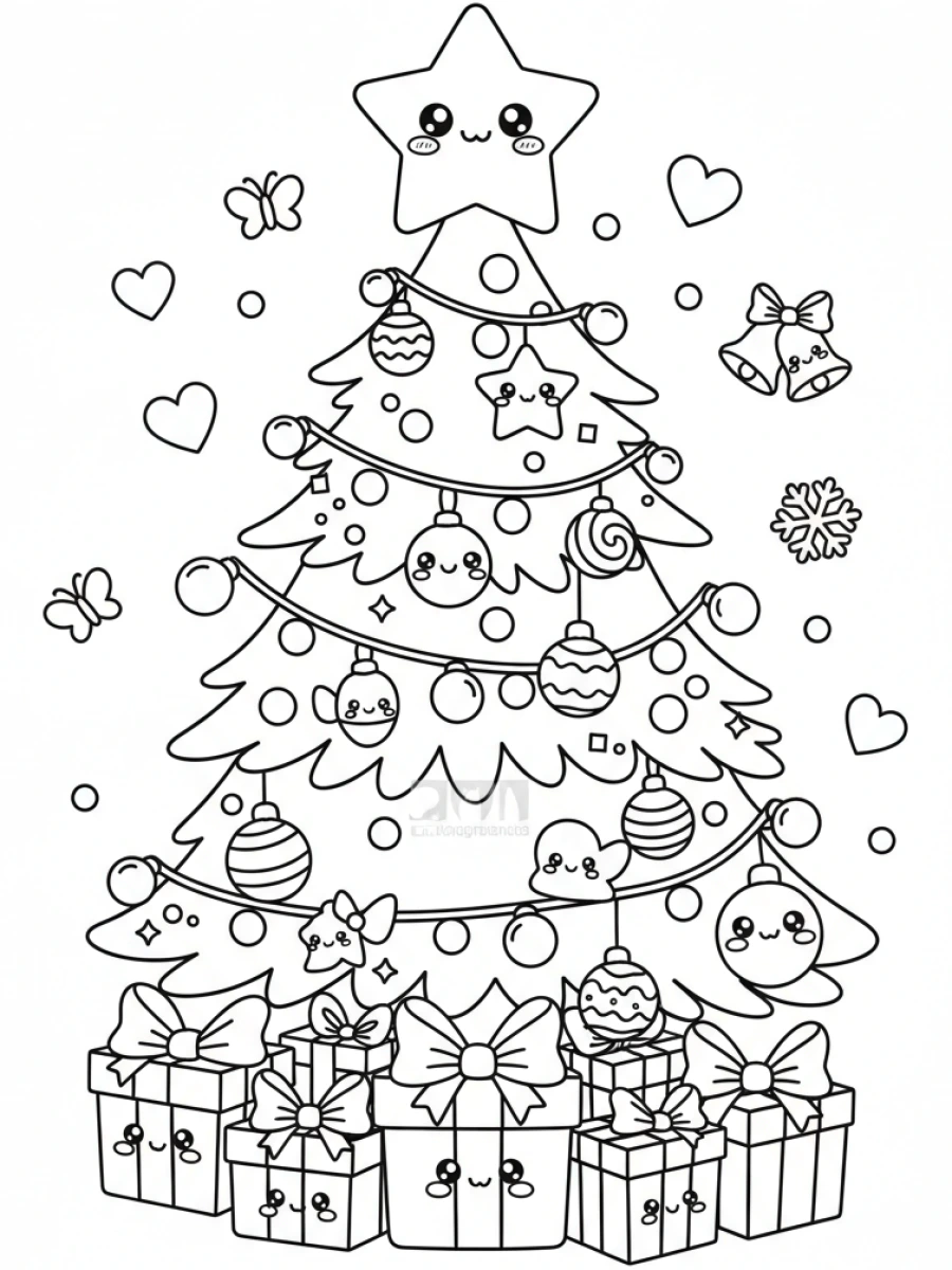 coloriage kawaii noël — Un sapin de Noël kawaii richement décoré d'ornements et de lumières, avec des cadeaux à son pied.
