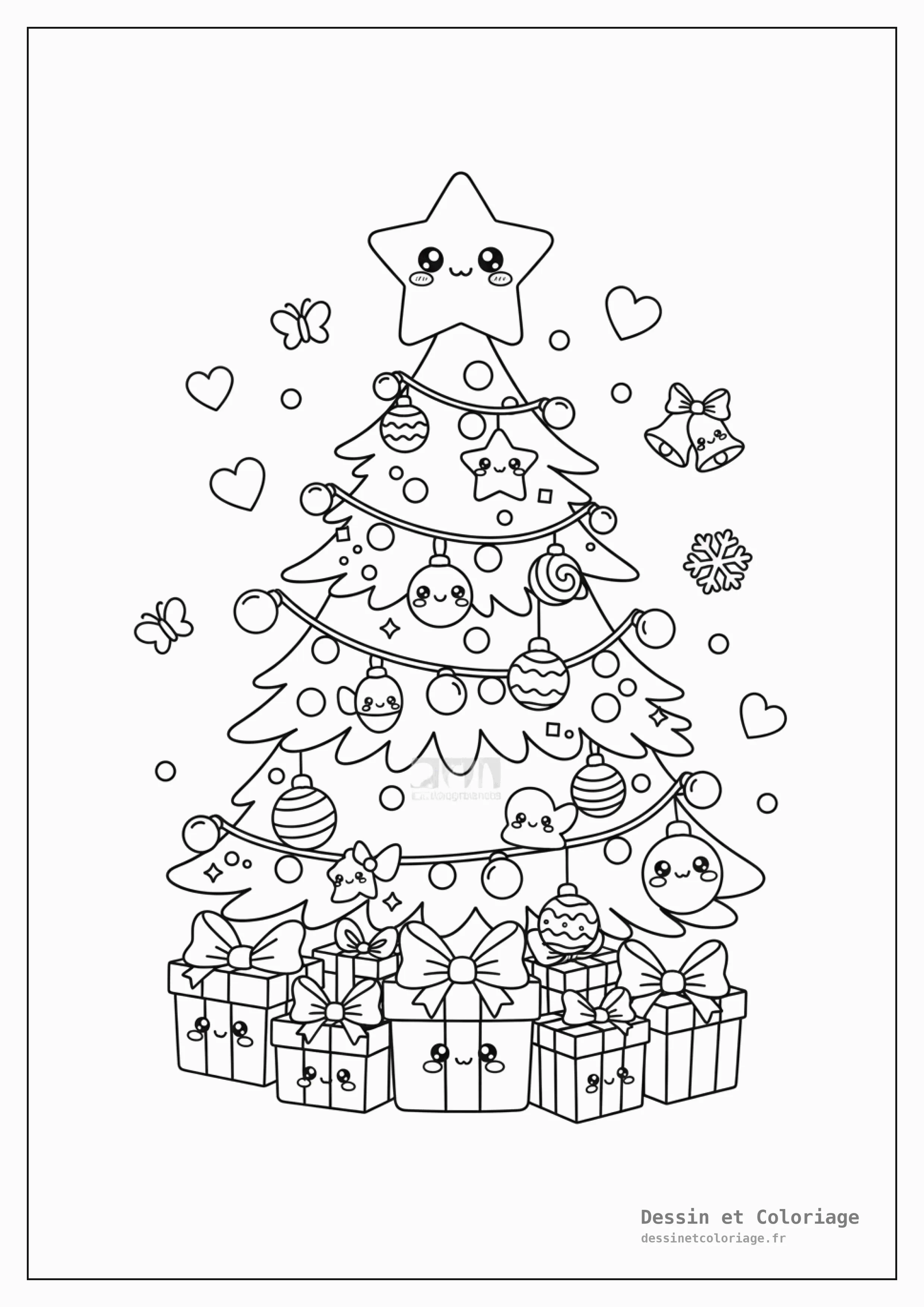 coloriage kawaii noël — Un sapin de Noël kawaii richement décoré d'ornements et de lumières, avec des cadeaux à son pied.