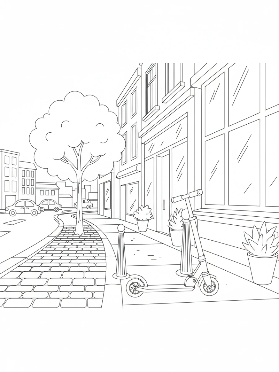 coloriage moto — Scooter simple garé sur le trottoir d'une rue de ville, avec un phare rond.