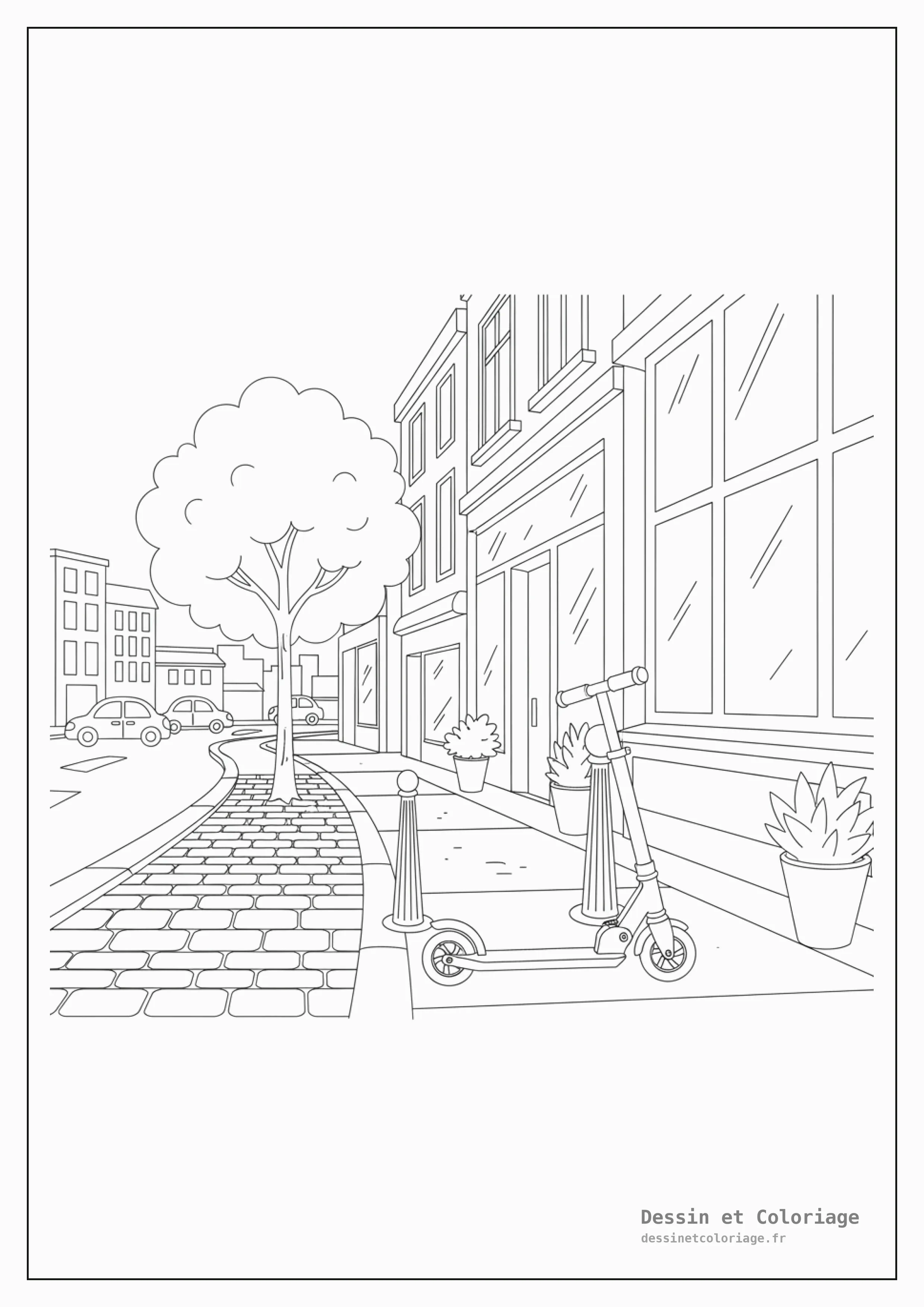 coloriage moto — Scooter simple garé sur le trottoir d'une rue de ville, avec un phare rond.