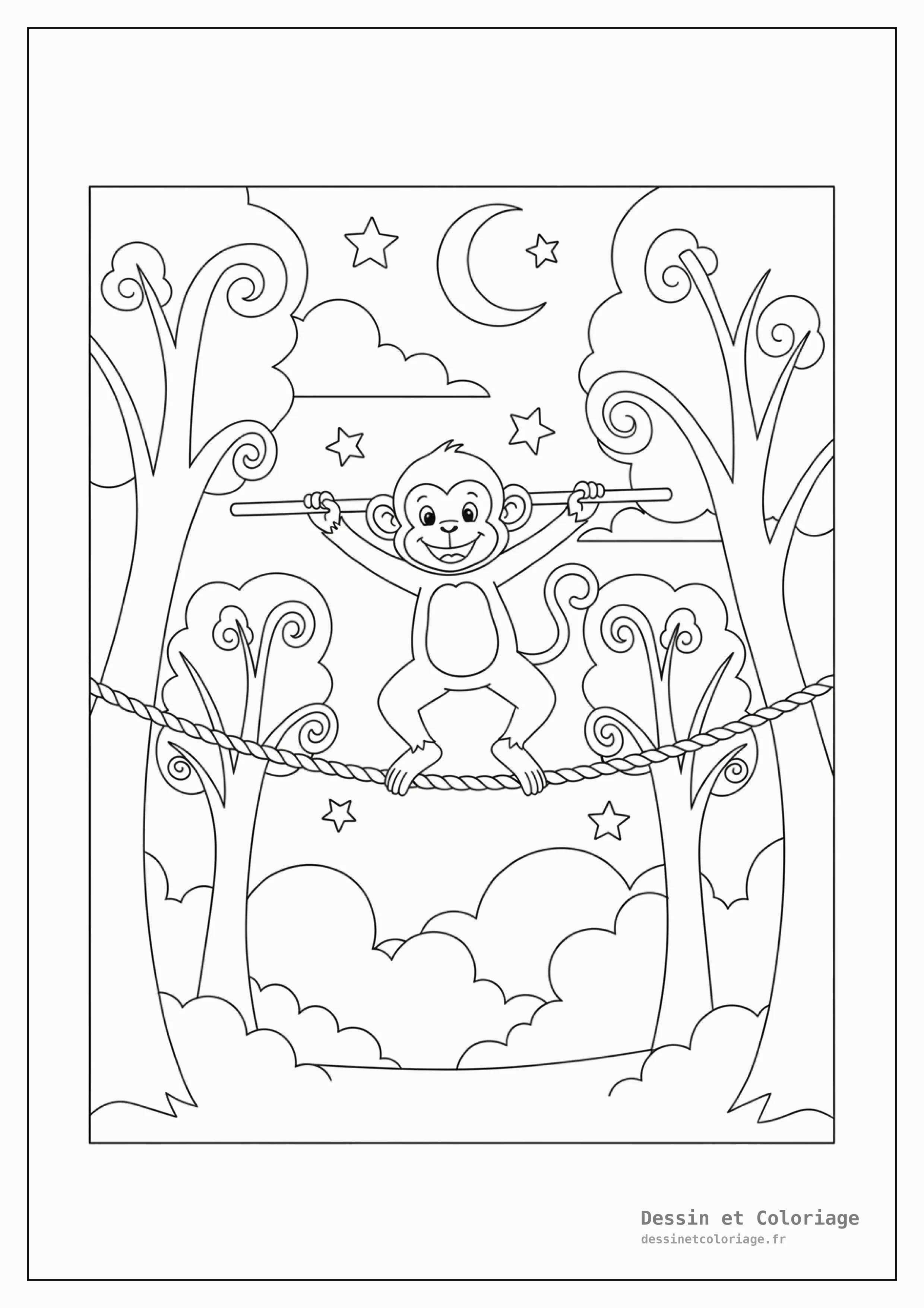 coloriage singe — Singe acrobate agile marchant sur une corde raide tendue entre deux arbres, s'équilibrant avec une longue perche, avec des feuilles et des nuages.