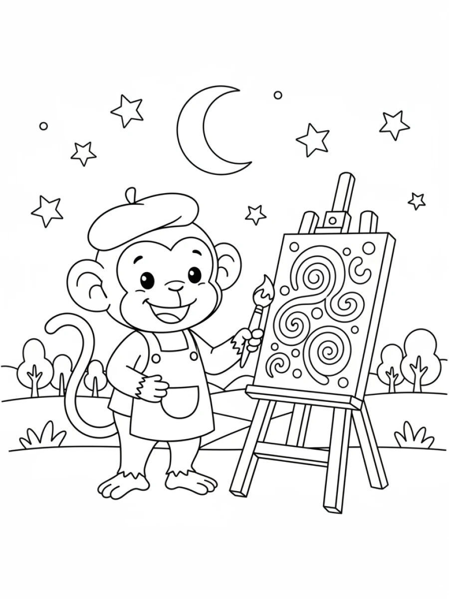 coloriage singe — Singe créatif tenant un pinceau devant un chevalet avec une peinture inachevée, portant un béret.