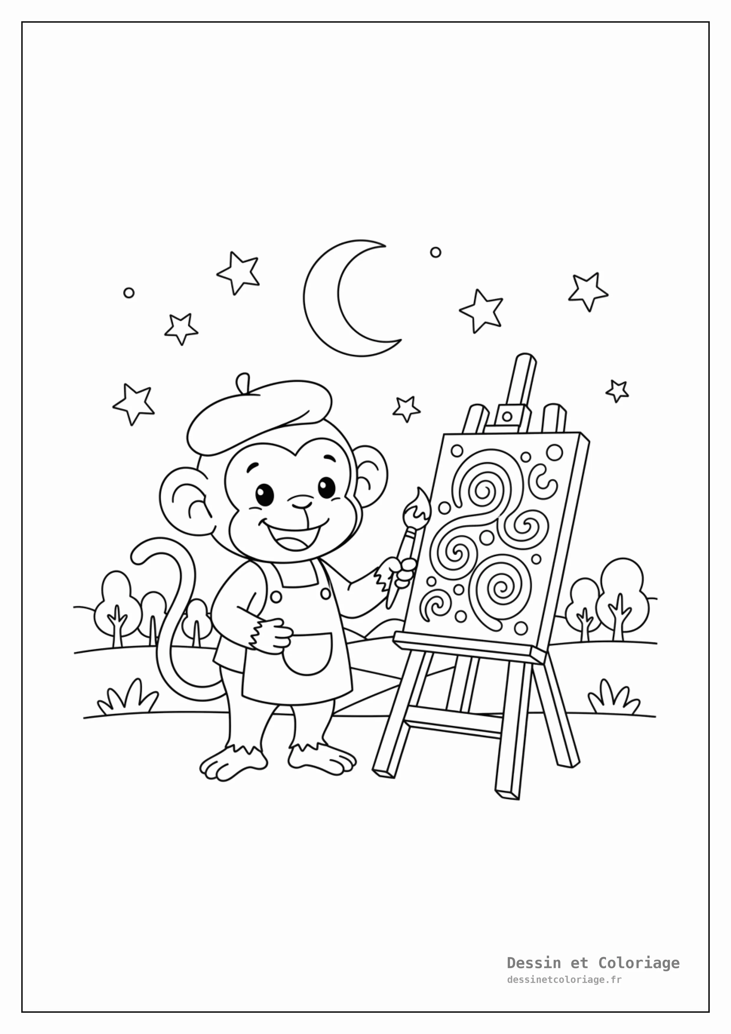 coloriage singe — Singe créatif tenant un pinceau devant un chevalet avec une peinture inachevée, portant un béret.