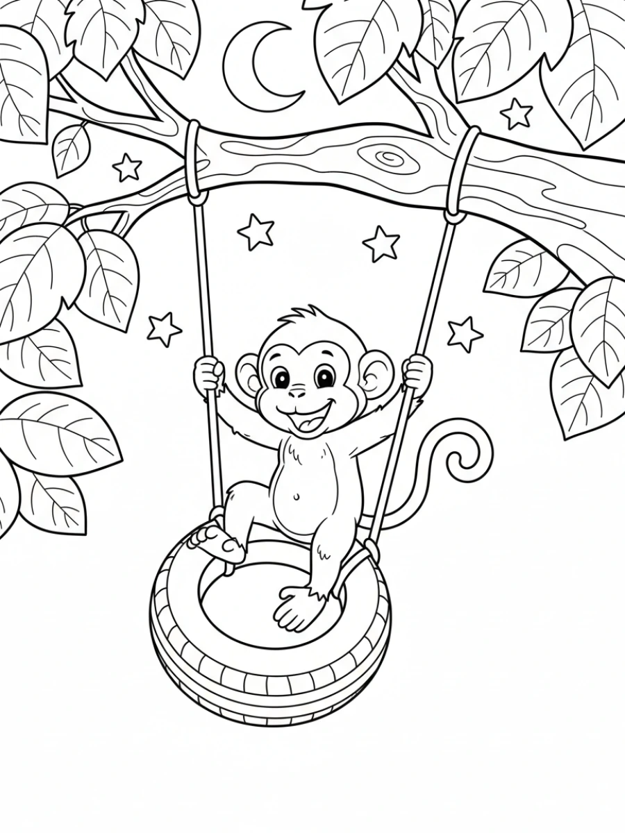 coloriage singe — Singe joueur se balançant sur une balançoire en pneu suspendue à une branche d'arbre, avec des feuilles.