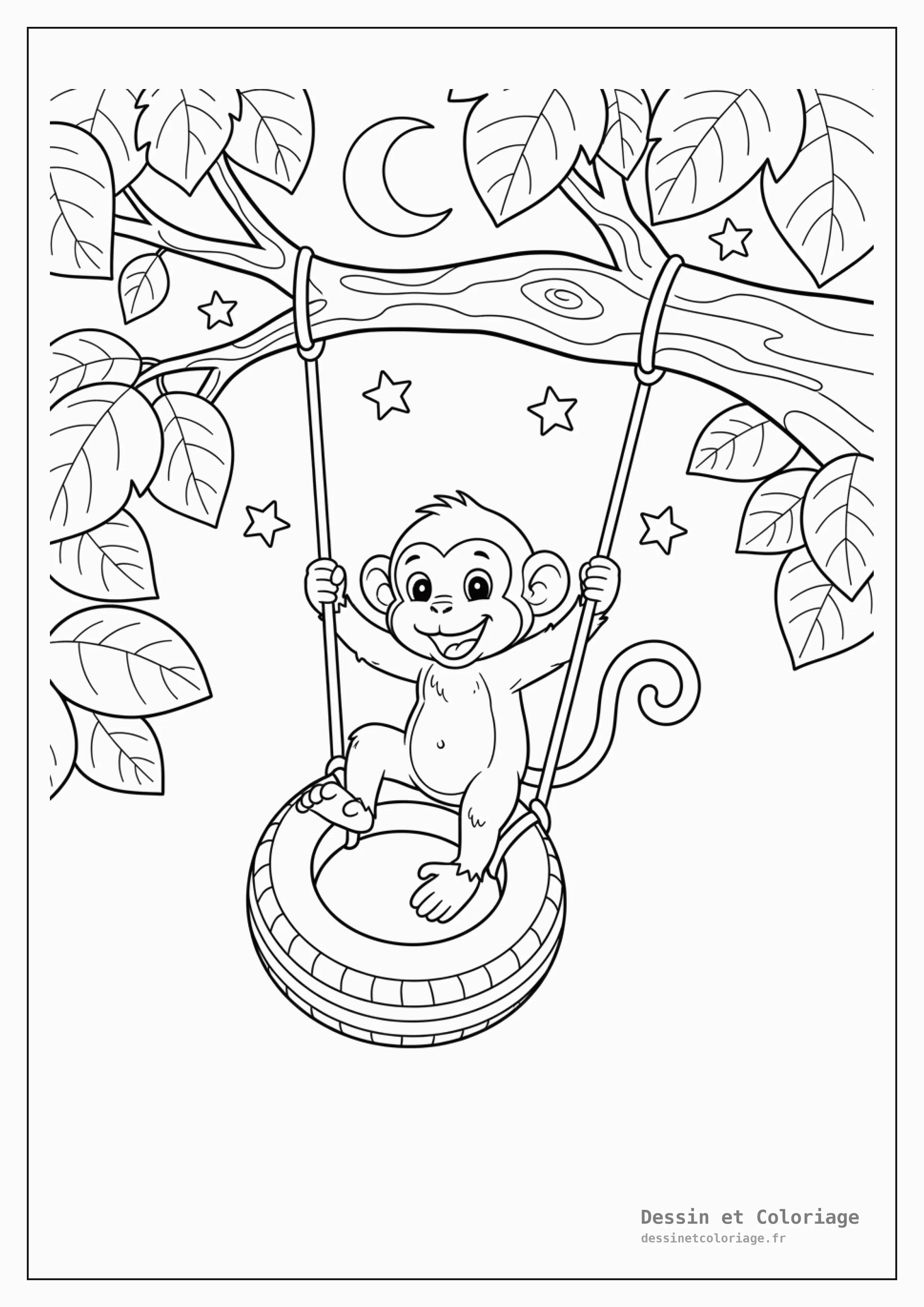 coloriage singe — Singe joueur se balançant sur une balançoire en pneu suspendue à une branche d'arbre, avec des feuilles.