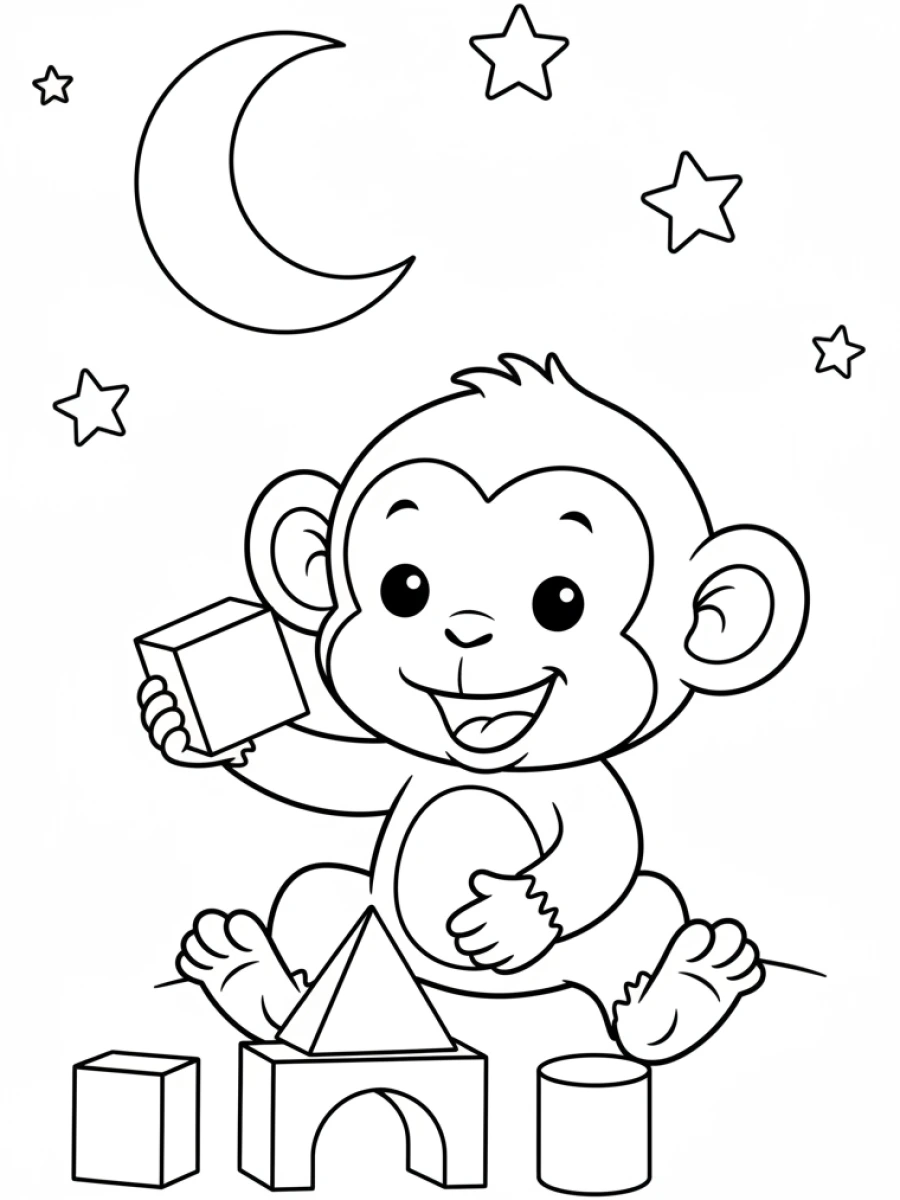 coloriage singe — Un petit singe joyeux est assis par terre, jouant avec des blocs de construction en bois.