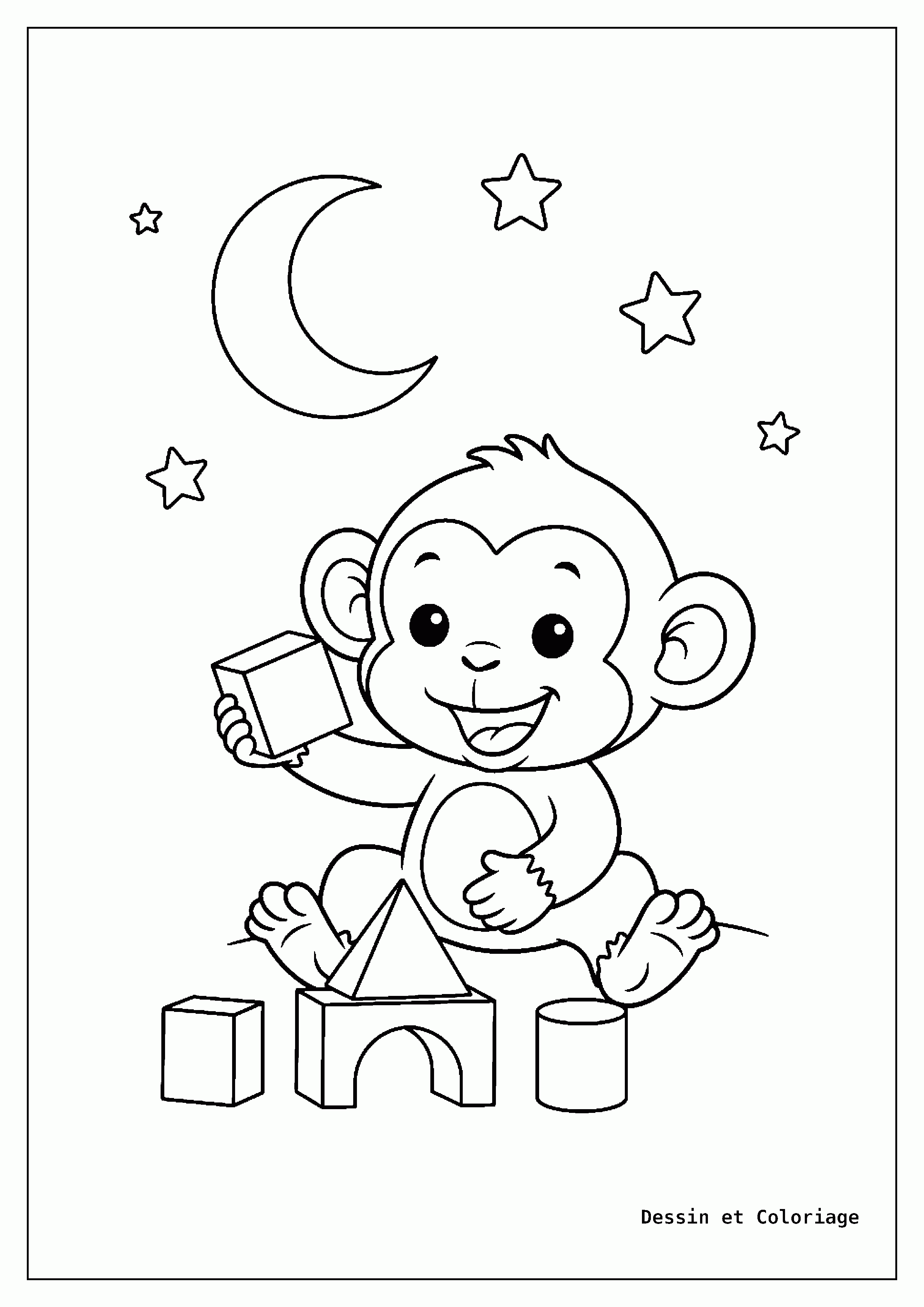 coloriage singe — Un petit singe joyeux est assis par terre, jouant avec des blocs de construction en bois.