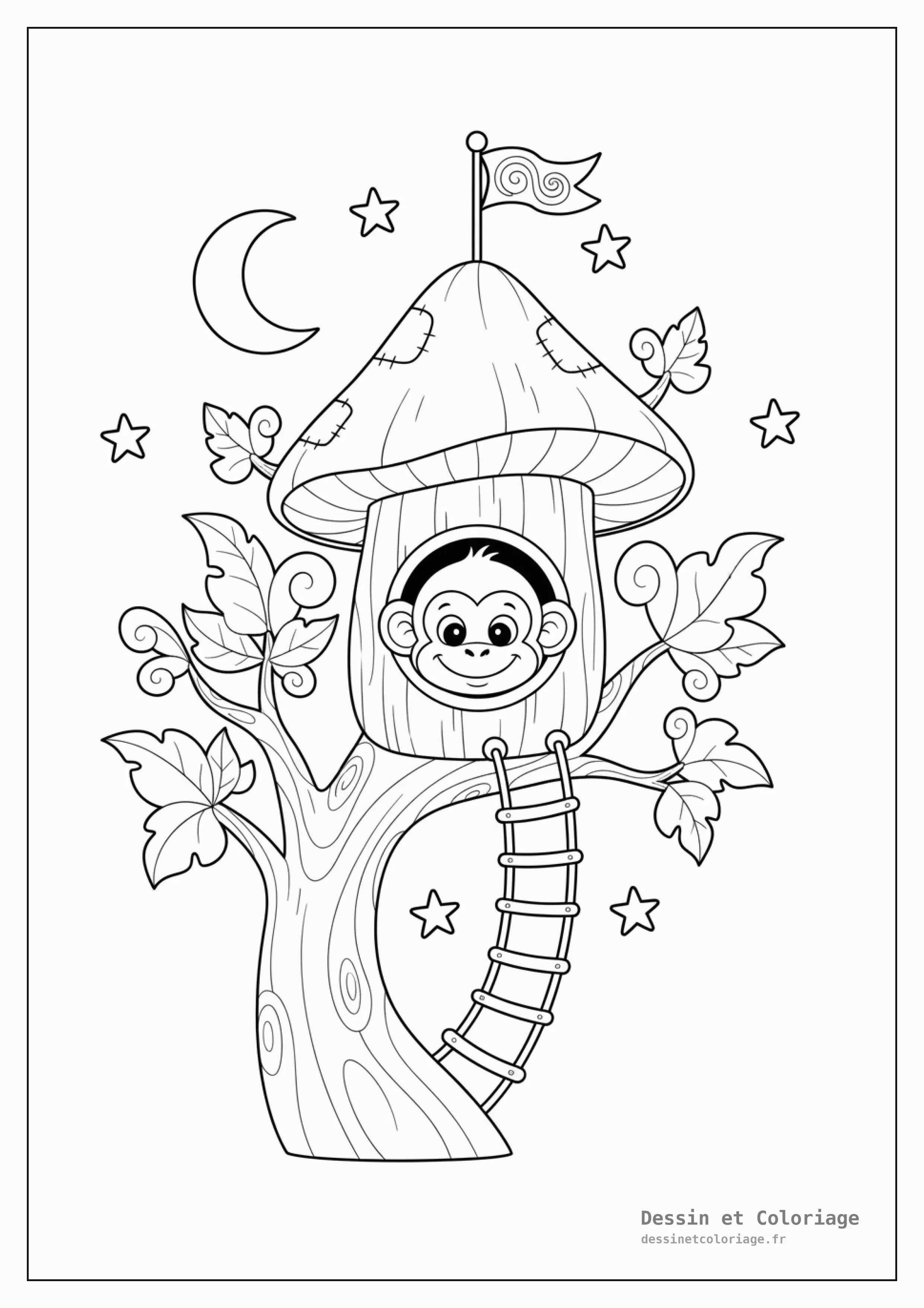 coloriage singe — Singe curieux sortant d'une cabane dans les arbres fantaisiste, avec une échelle et un petit drapeau, entouré de grandes feuilles.
