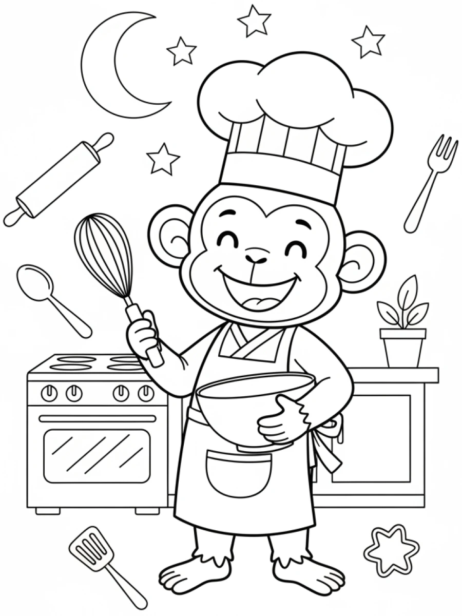 coloriage singe — Singe cuisinier avec toque et tablier, tenant un fouet et un bol, entouré d'ustensiles de cuisine.