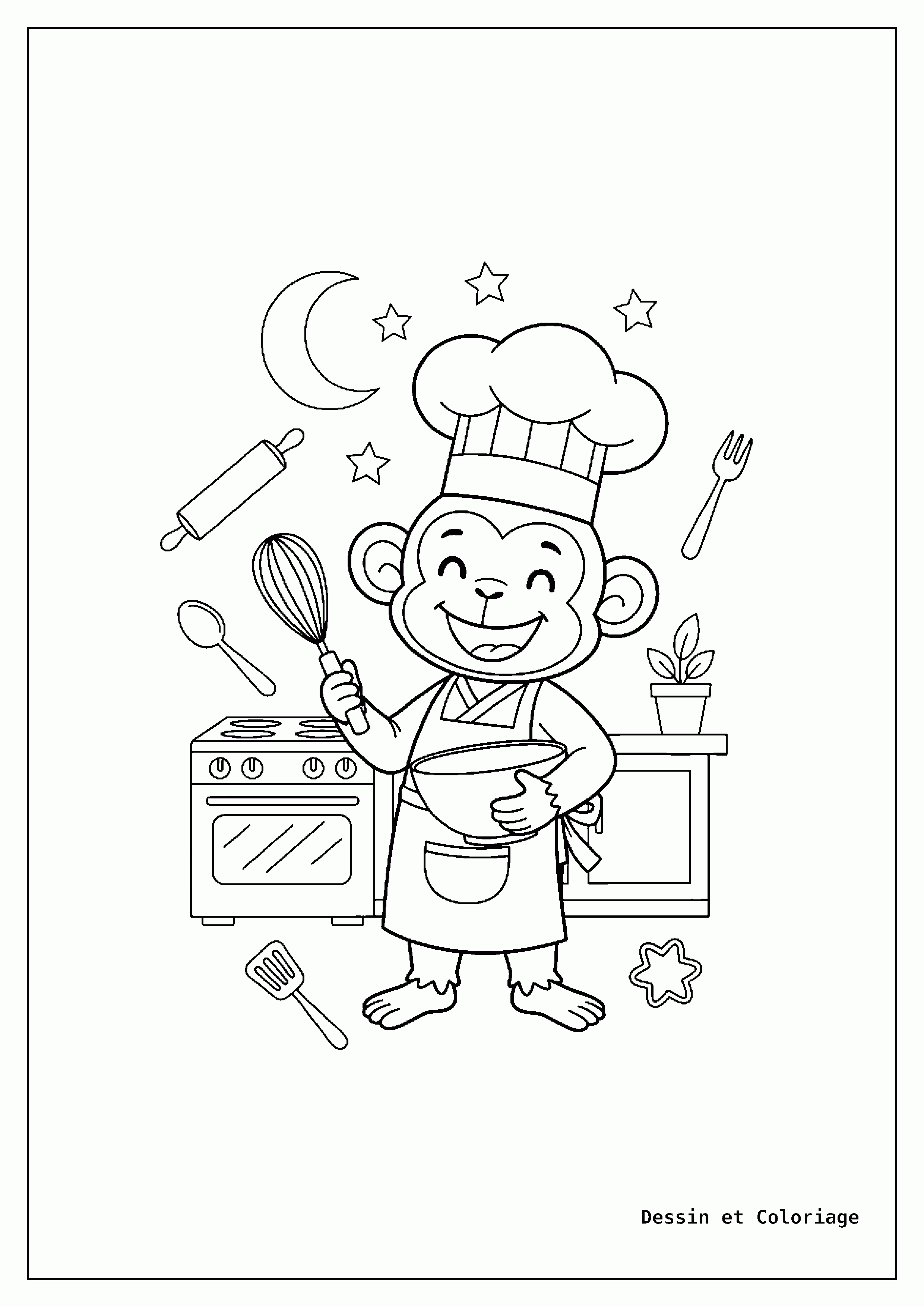 coloriage singe — Singe cuisinier avec toque et tablier, tenant un fouet et un bol, entouré d'ustensiles de cuisine.