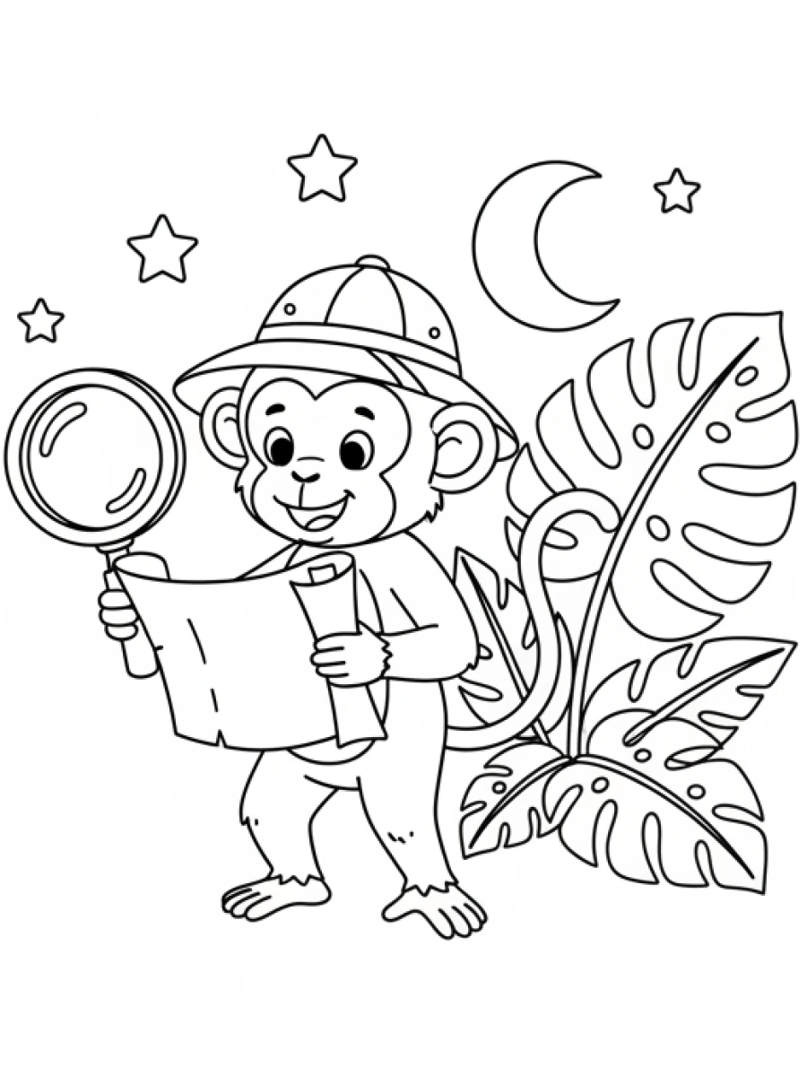 coloriage singe — Singe aventureux portant un chapeau de safari, tenant une carte roulée et une loupe, près d'une plante tropicale.