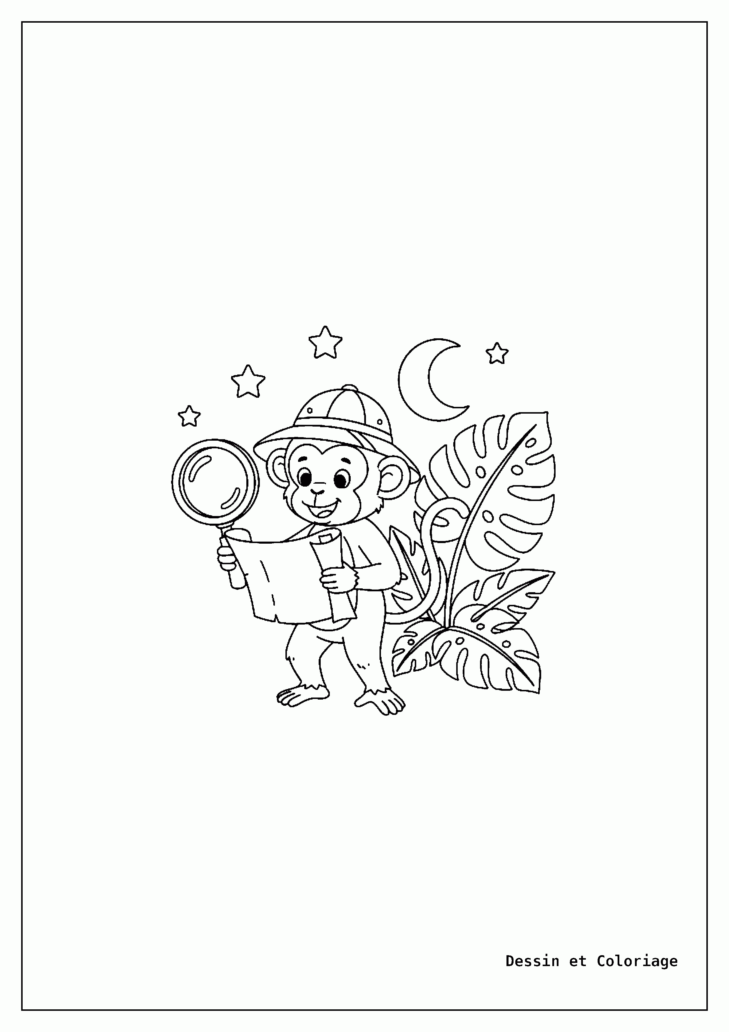 coloriage singe — Singe aventureux portant un chapeau de safari, tenant une carte roulée et une loupe, près d'une plante tropicale.