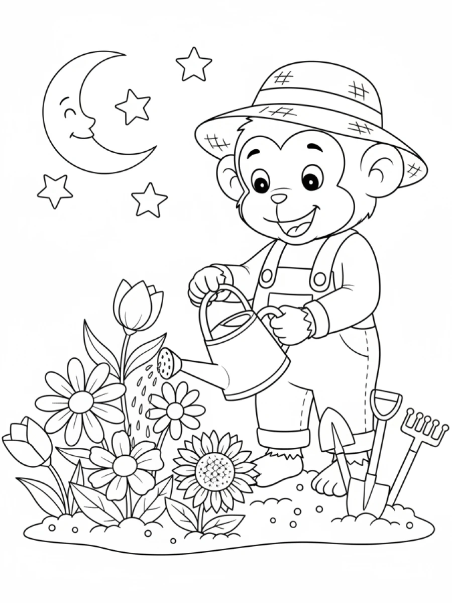 coloriage singe — Singe jardinier doux tenant un arrosoir, s'occupant d'un parterre de fleurs épanouies, avec des outils de jardinage.