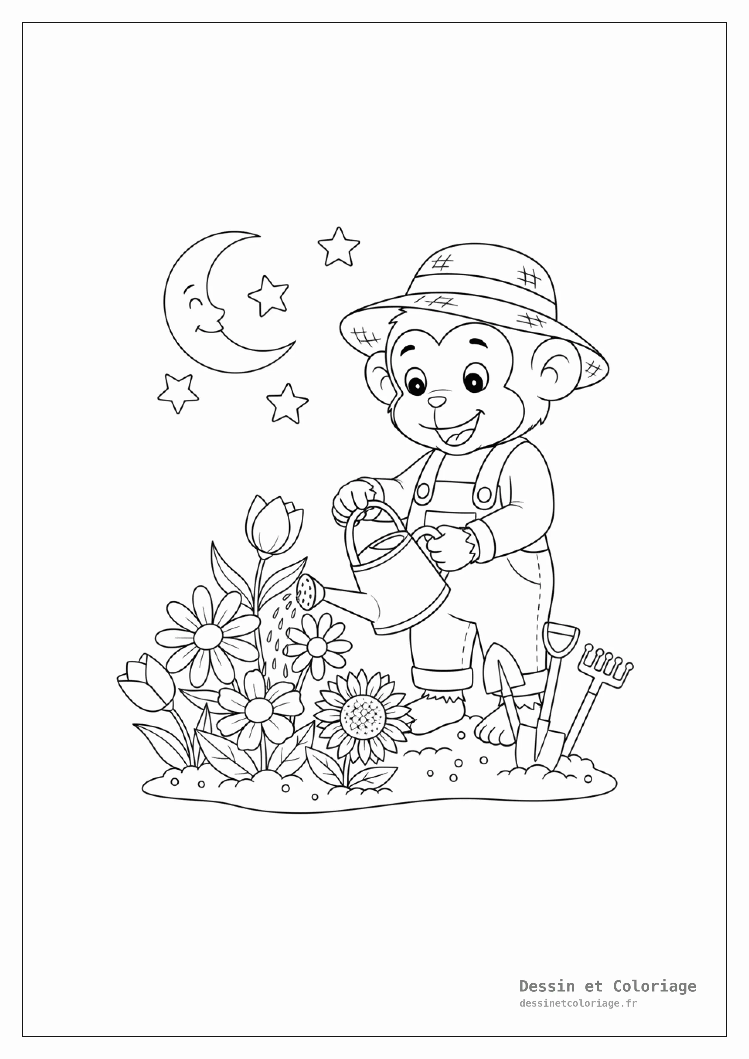 coloriage singe — Singe jardinier doux tenant un arrosoir, s'occupant d'un parterre de fleurs épanouies, avec des outils de jardinage.