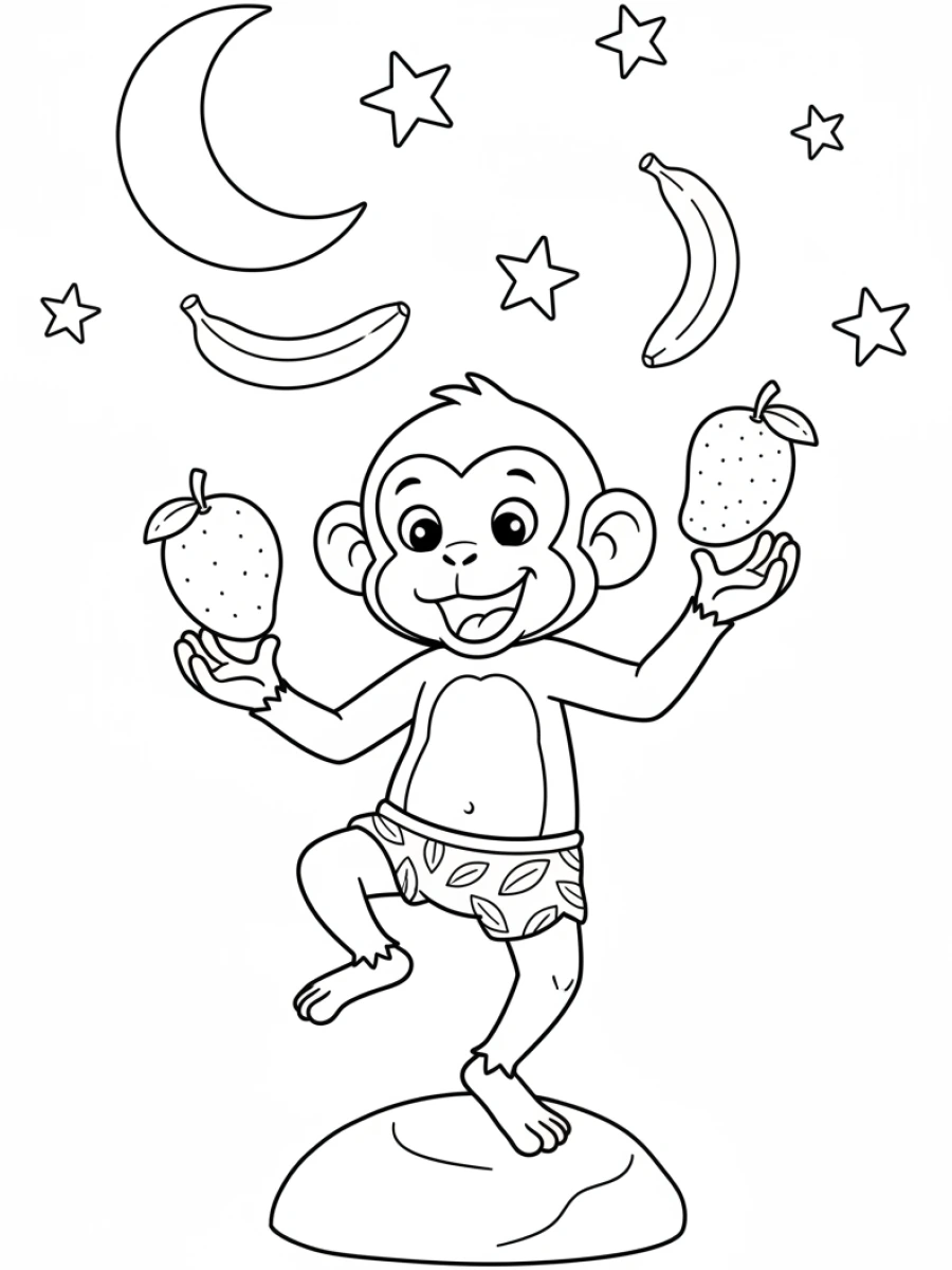 coloriage singe — Singe habile jonglant avec trois fruits tropicaux, avec une expression concentrée, debout sur un pied.