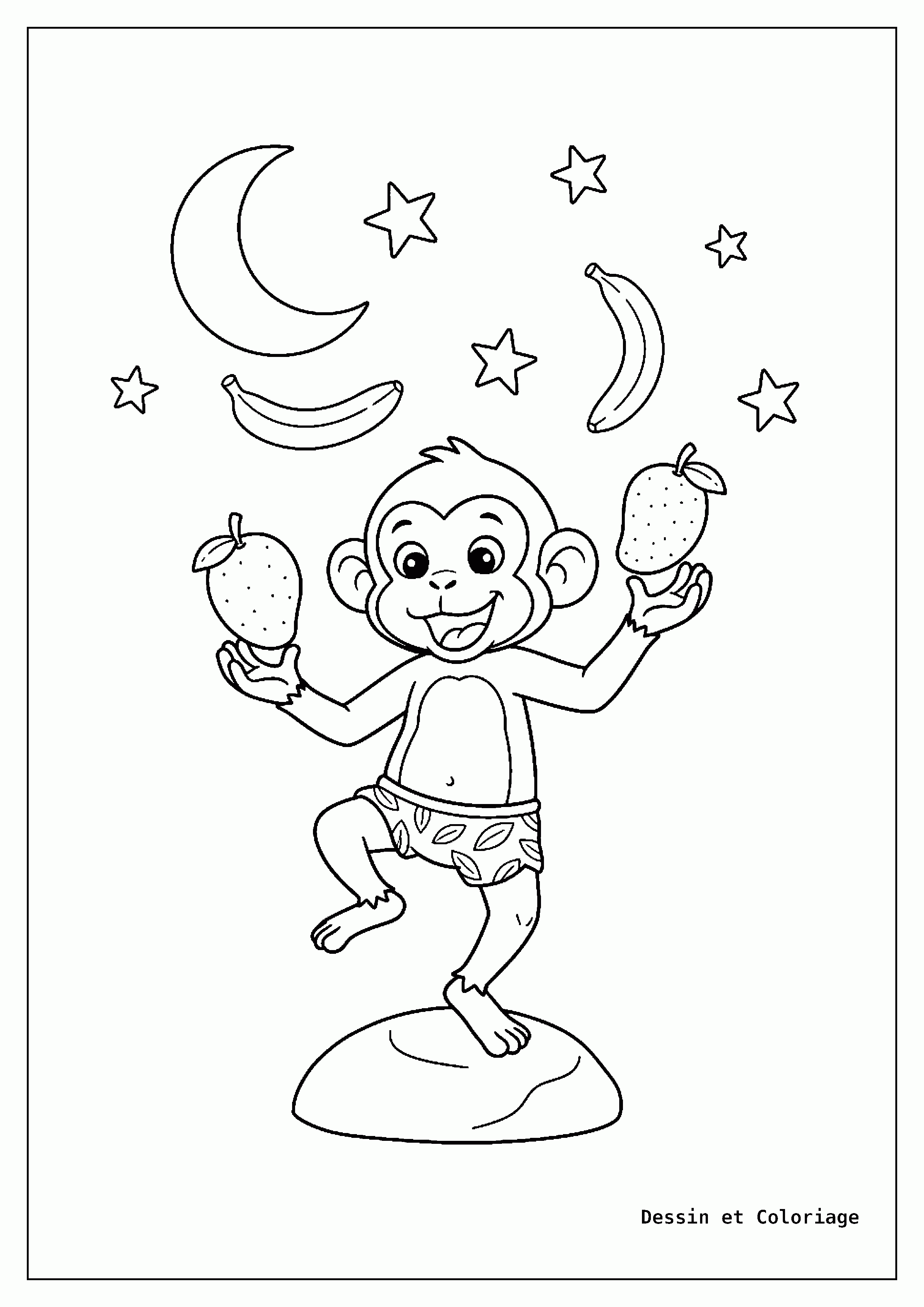 coloriage singe — Singe habile jonglant avec trois fruits tropicaux, avec une expression concentrée, debout sur un pied.