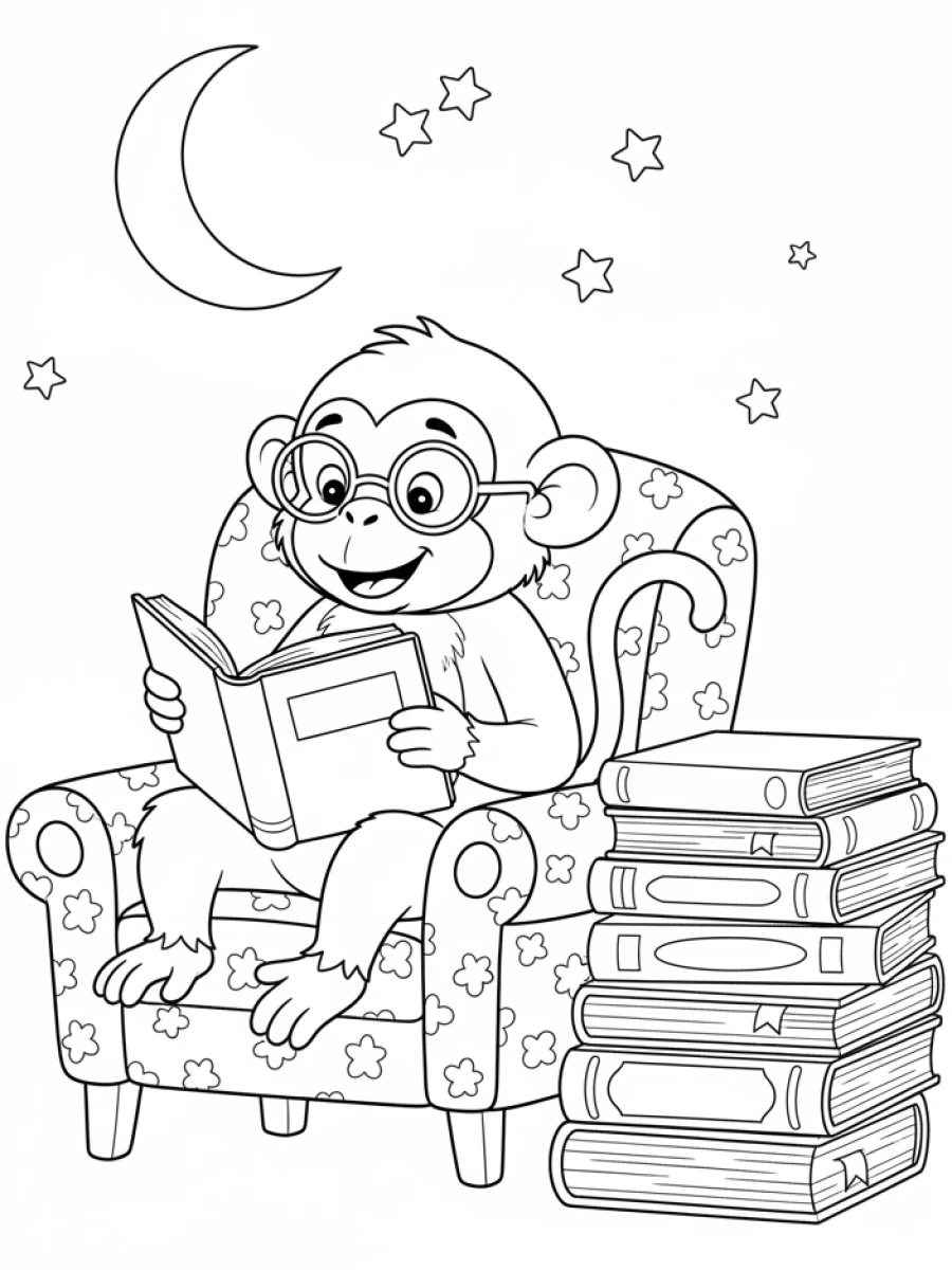 coloriage singe — Singe studieux portant des lunettes, assis lisant un livre ouvert, avec une pile de livres.