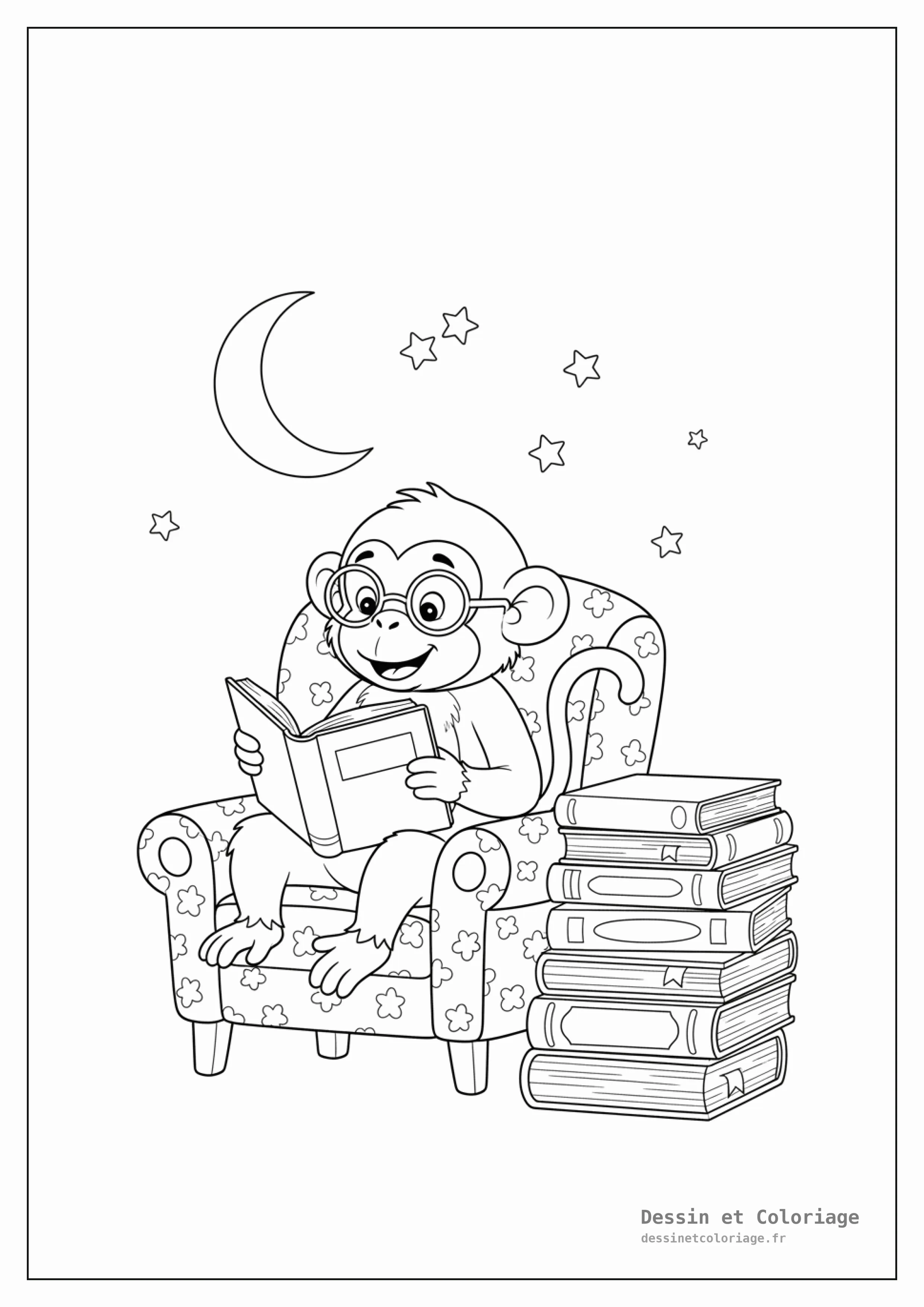 coloriage singe — Singe studieux portant des lunettes, assis lisant un livre ouvert, avec une pile de livres.