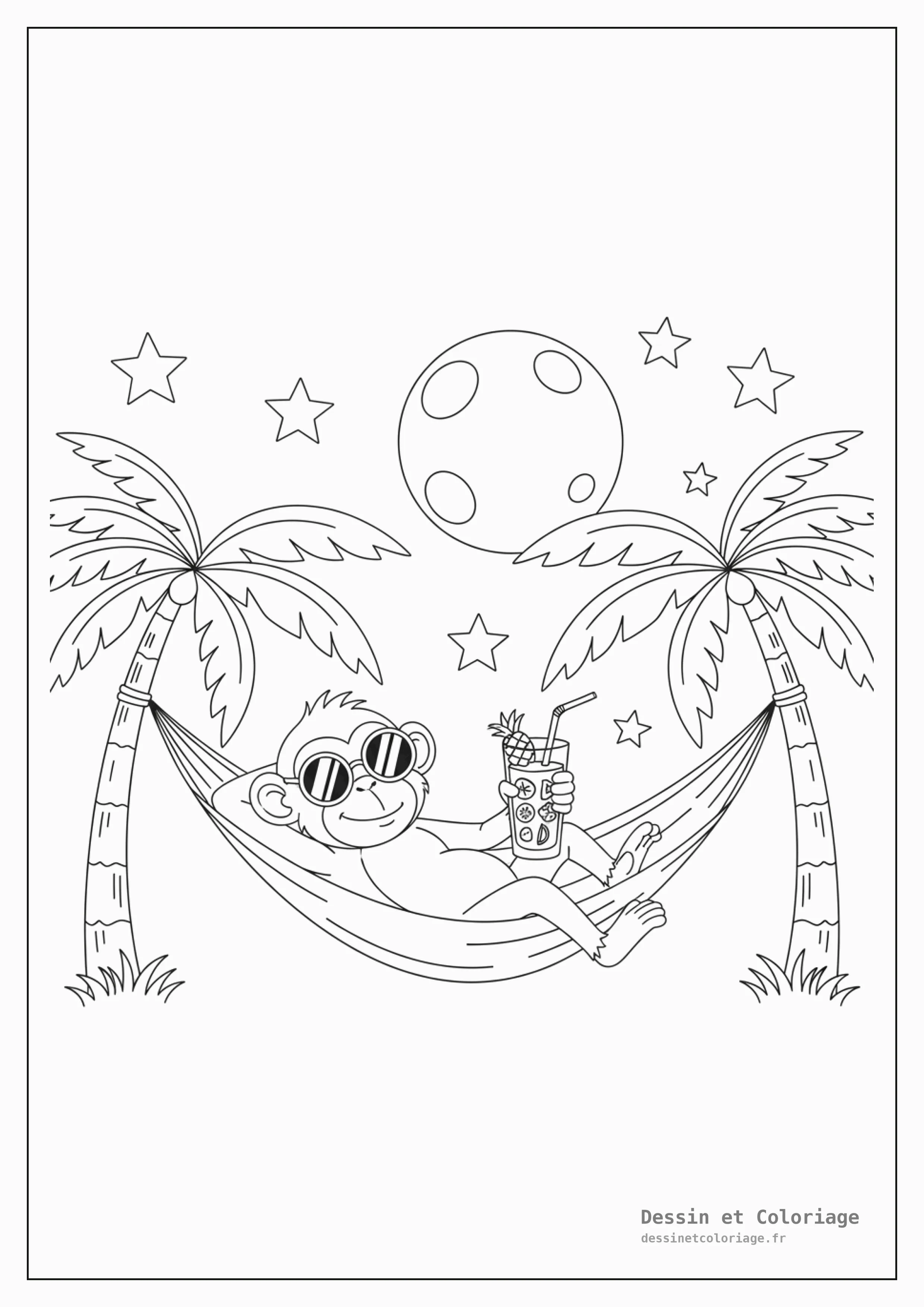 coloriage singe — Singe décontracté portant des lunettes de soleil, se prélassant et buvant un smoothie avec une paille, avec un palmier en arrière-plan.