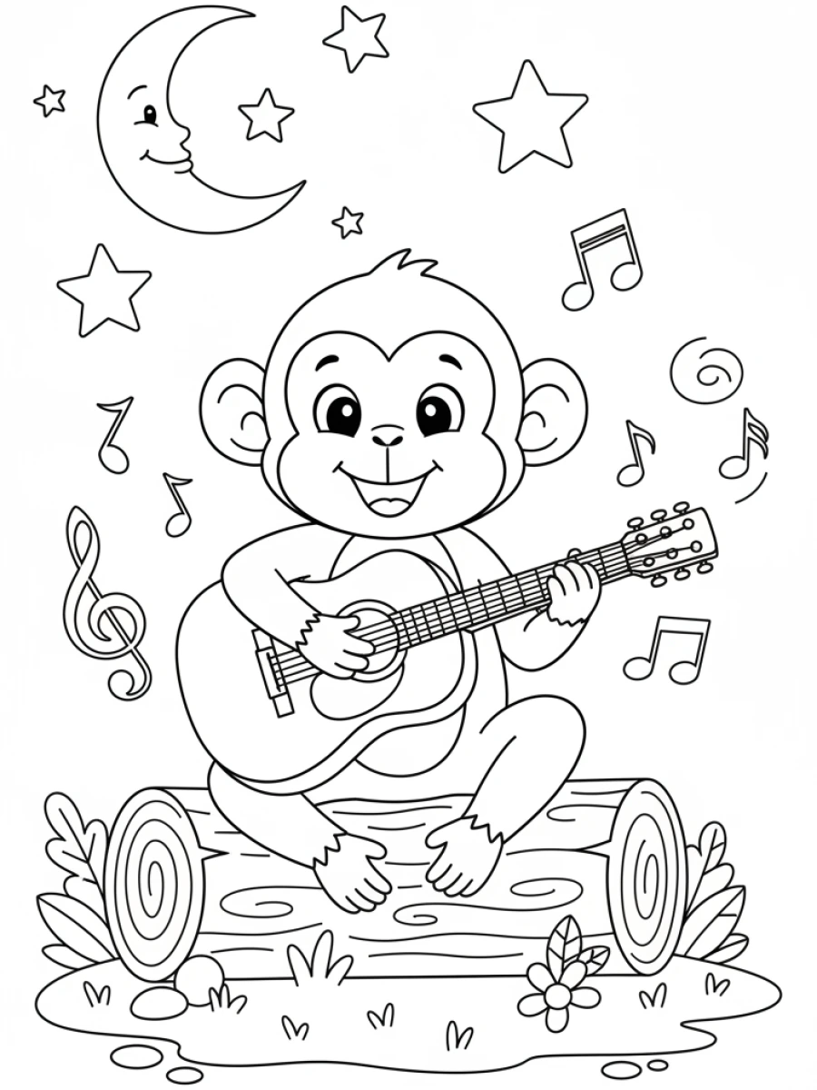 coloriage singe — Singe joyeux jouant de la guitare acoustique, assis sur une bûche, avec des notes de musique.