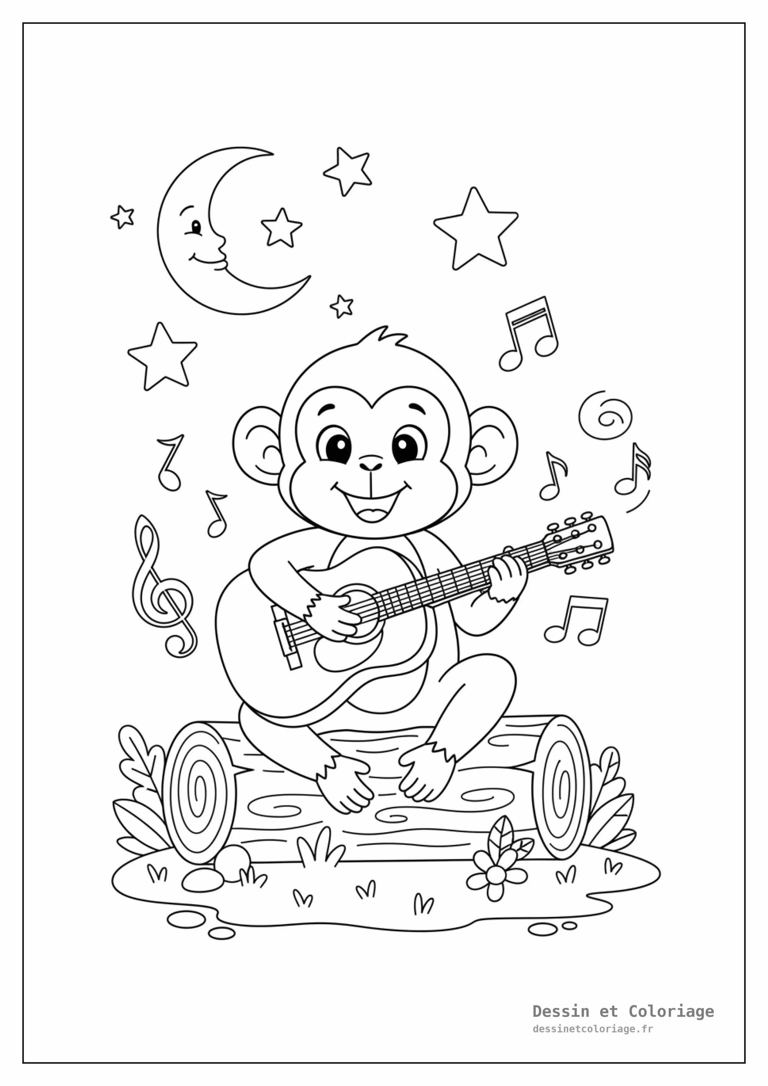 coloriage singe — Singe joyeux jouant de la guitare acoustique, assis sur une bûche, avec des notes de musique.