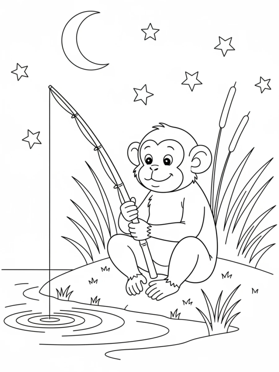 coloriage singe — Singe pêcheur patient assis sur une berge, tenant une canne à pêche avec la ligne dans l'eau, avec des roseaux et des ondulations.