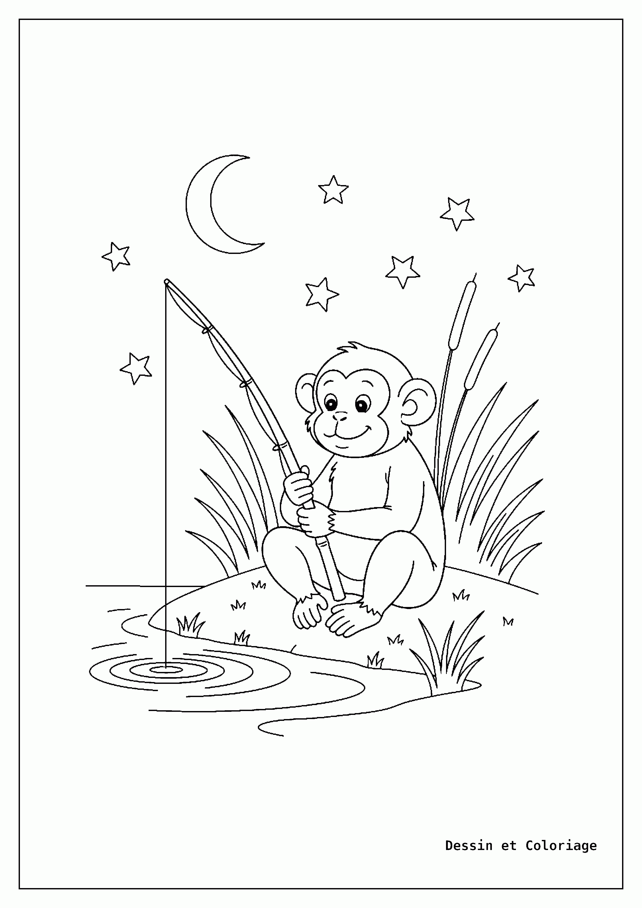 coloriage singe — Singe pêcheur patient assis sur une berge, tenant une canne à pêche avec la ligne dans l'eau, avec des roseaux et des ondulations.
